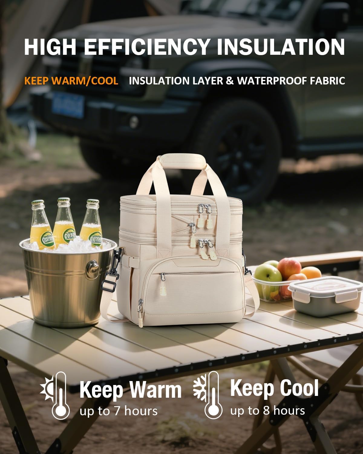 Large Lunch Box for Men/Women Dual-Compartment Insulated Lunch Bag,Adults Expandable Leakproof Cooler Bag Lunch Tote with Adjustable Shoulder Strap for Work Camping Picnic,Beige 24-Can(14L)