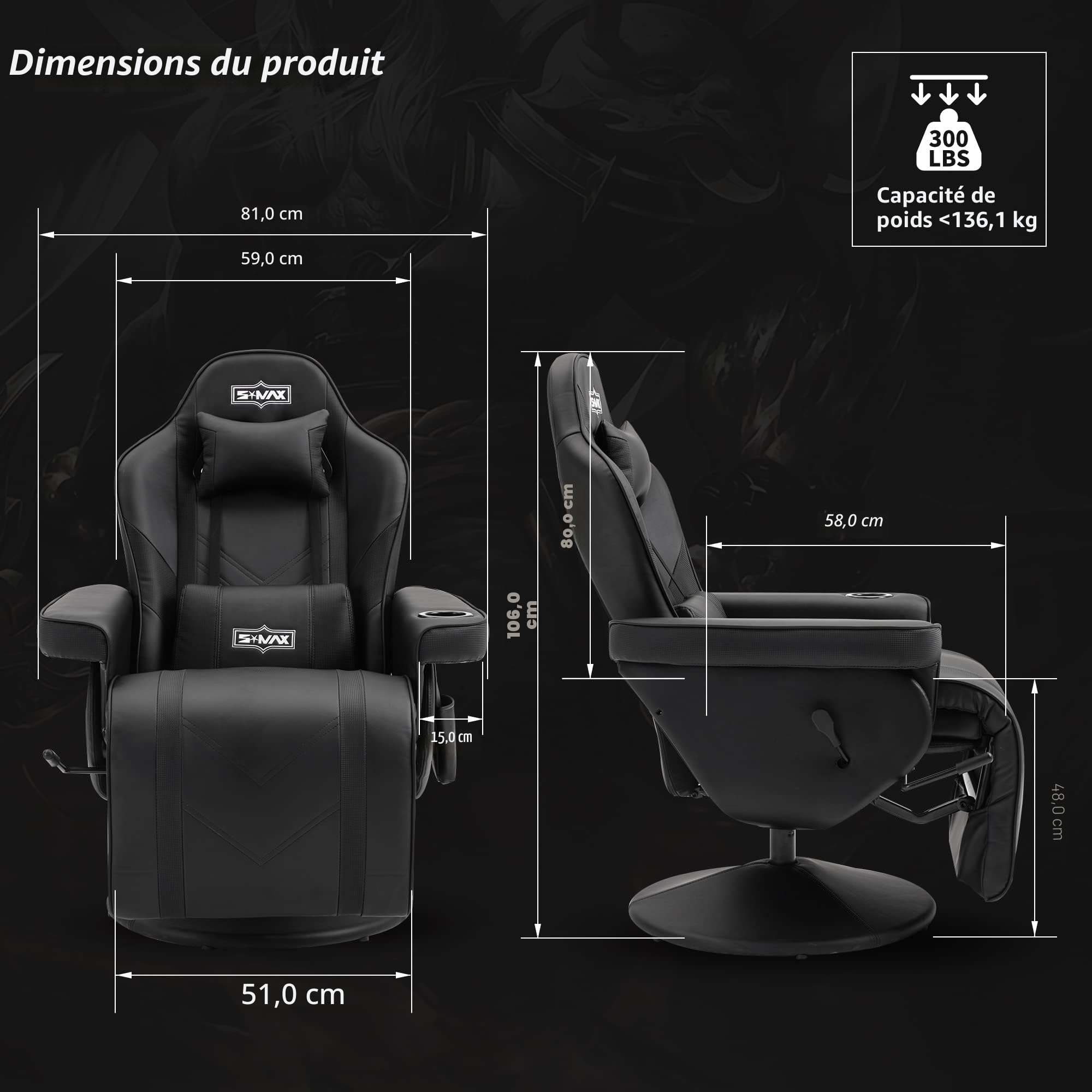 S*MAX Chaise Gaming avec Dossier Plus Haut et Support Lombaire Plus Large Chaise Gamer en Cuir PU avec Dossier et Repose-Pieds réglables Porte-gobelet Fauteuil Gaming Noir Large