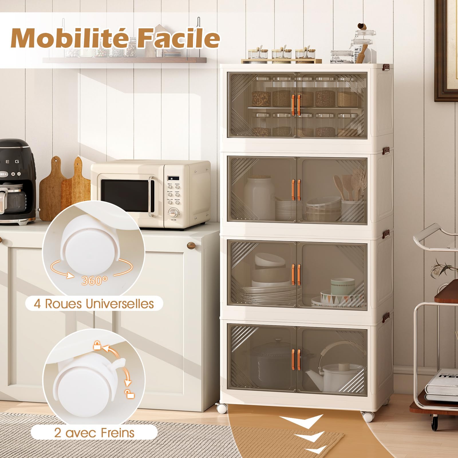GOPLUS Boite Rangement Empilable et Pliable à 4 Niveaux en PP, Caisse Rangement avec roulettes, 71L par Niveaux, Couvercle Amovible, Portes Magnétique, Boucles Latéraux, Chambre, Salon