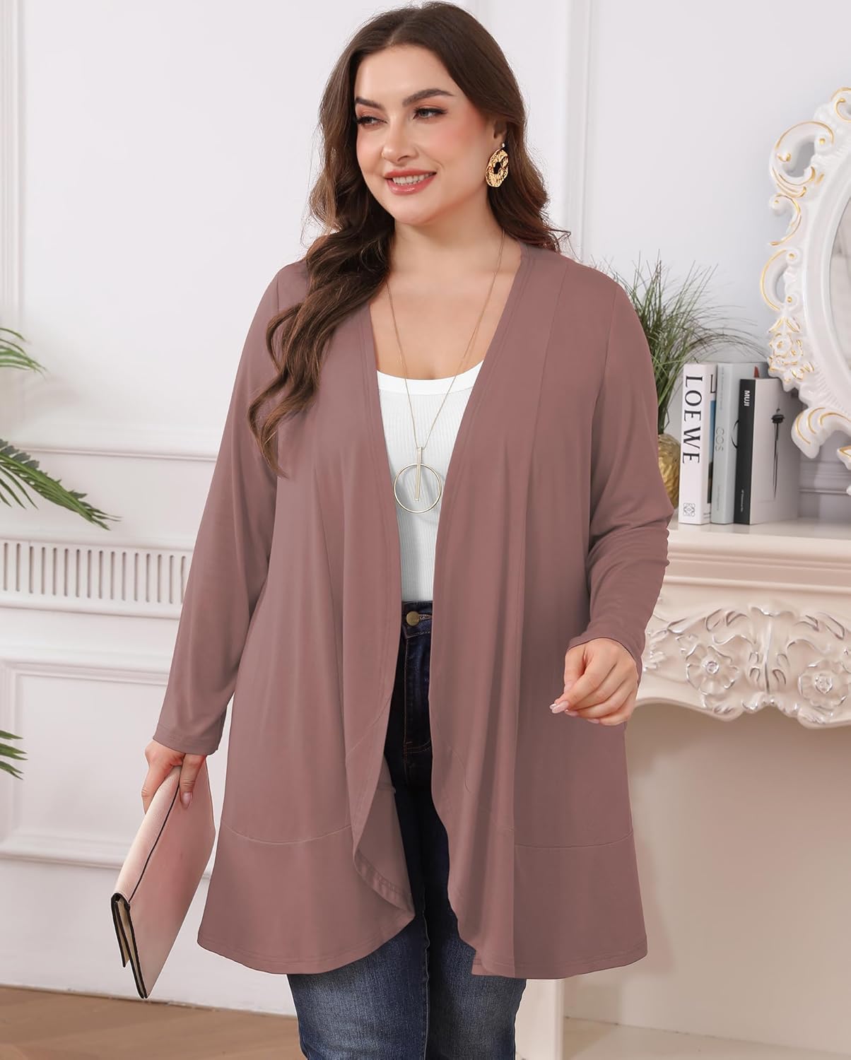 Womens Plus Size Casual Lightweight Long Sleeve Flowy Open Front Cardigan Cover Ups with Pockets - Image 3