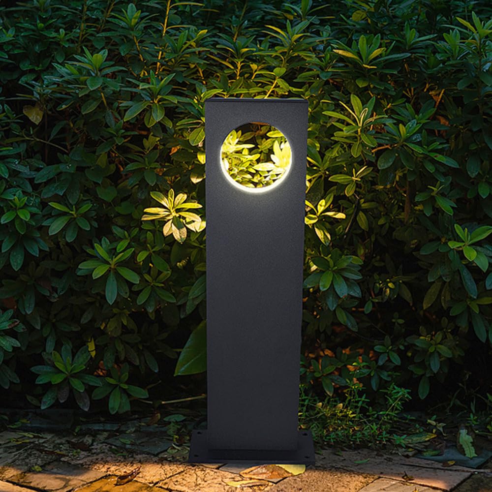HELCEKOU Landscape Bollard Light Outdoor IP54 Waterproof Path Modern LED Luxury Iron Pathway Lighting Circle Design Lawn Lamp for Garden Garage Courtyard Porch Patio