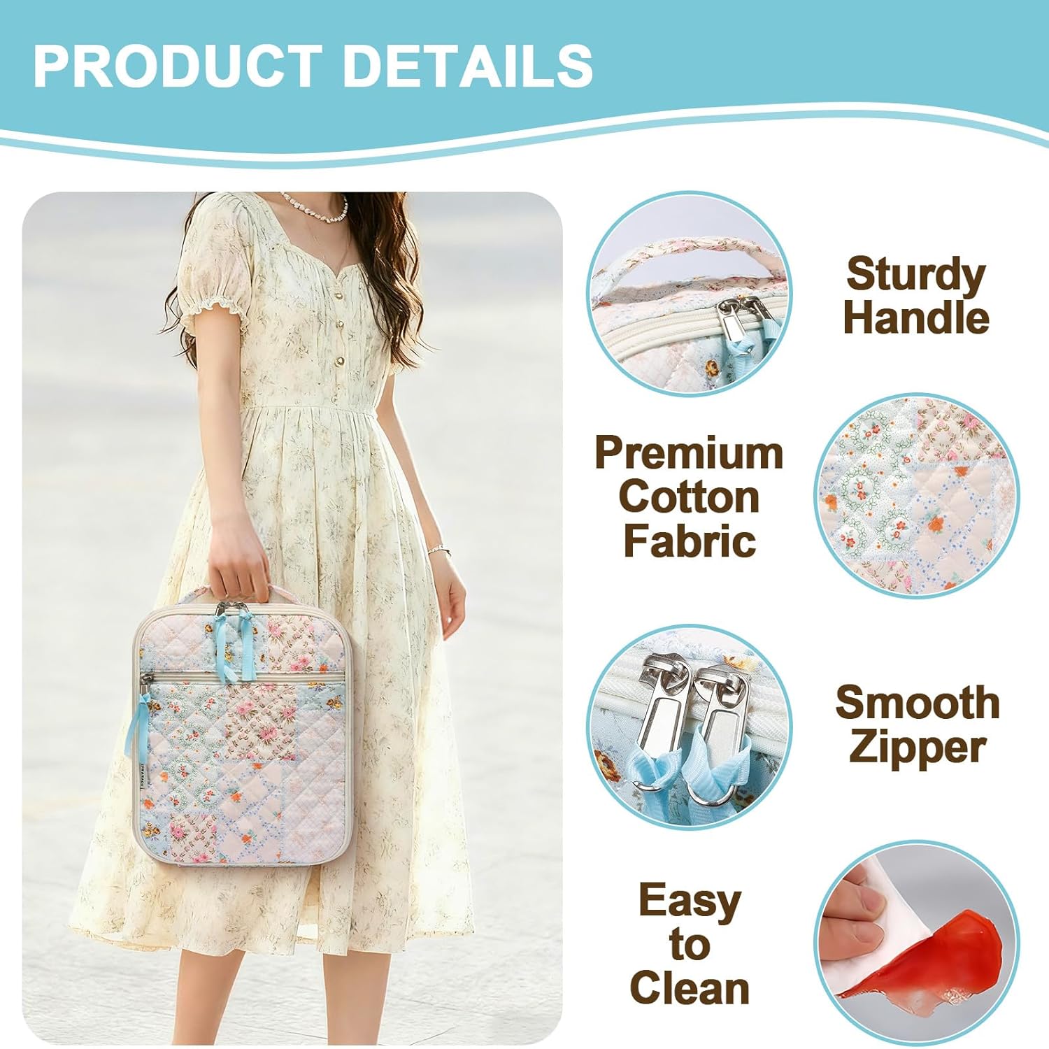 Cotton Quilted Lunch Box for Women, Cute Insulated Lunch Bag, Coloful Floral Lunch Tote Bag for Work Picnic Travel Office (coloful floral, M) - Image 4