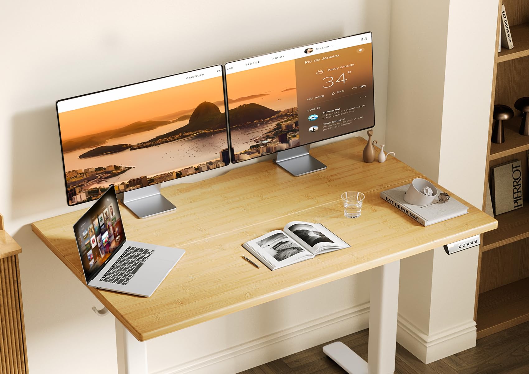 Claiks Solid Wood Electric Standing Desk, Adjustable Height Stand up Desk, 40x24 Inches Sit Stand Home Office Desk with Splice Board, White Frame/Nature Top view 2
