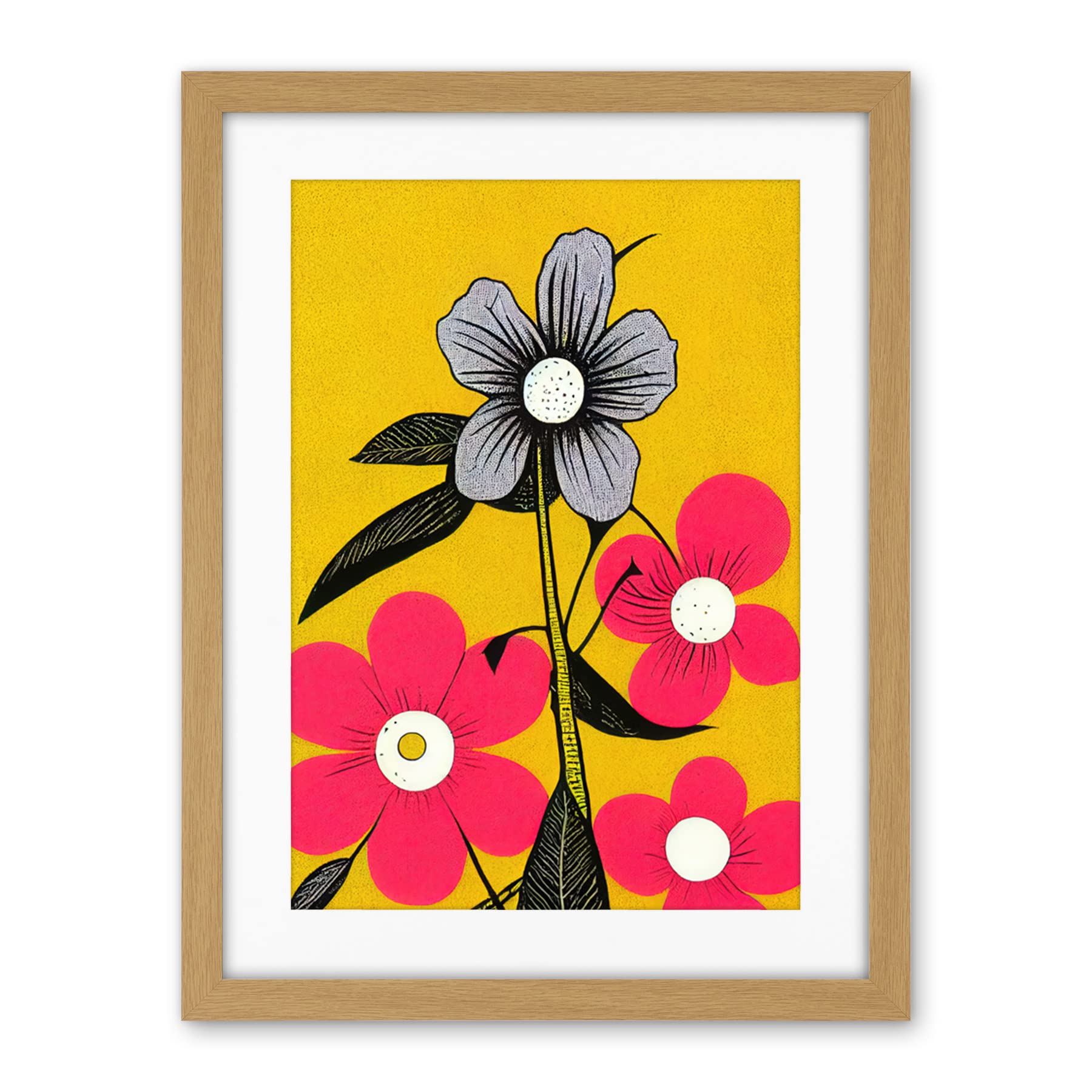 Wee Blue Coo Bold Flowers Linocut Pink And Mustard Yellow Print Artwork Framed Wall Art Print 18X24 Inch