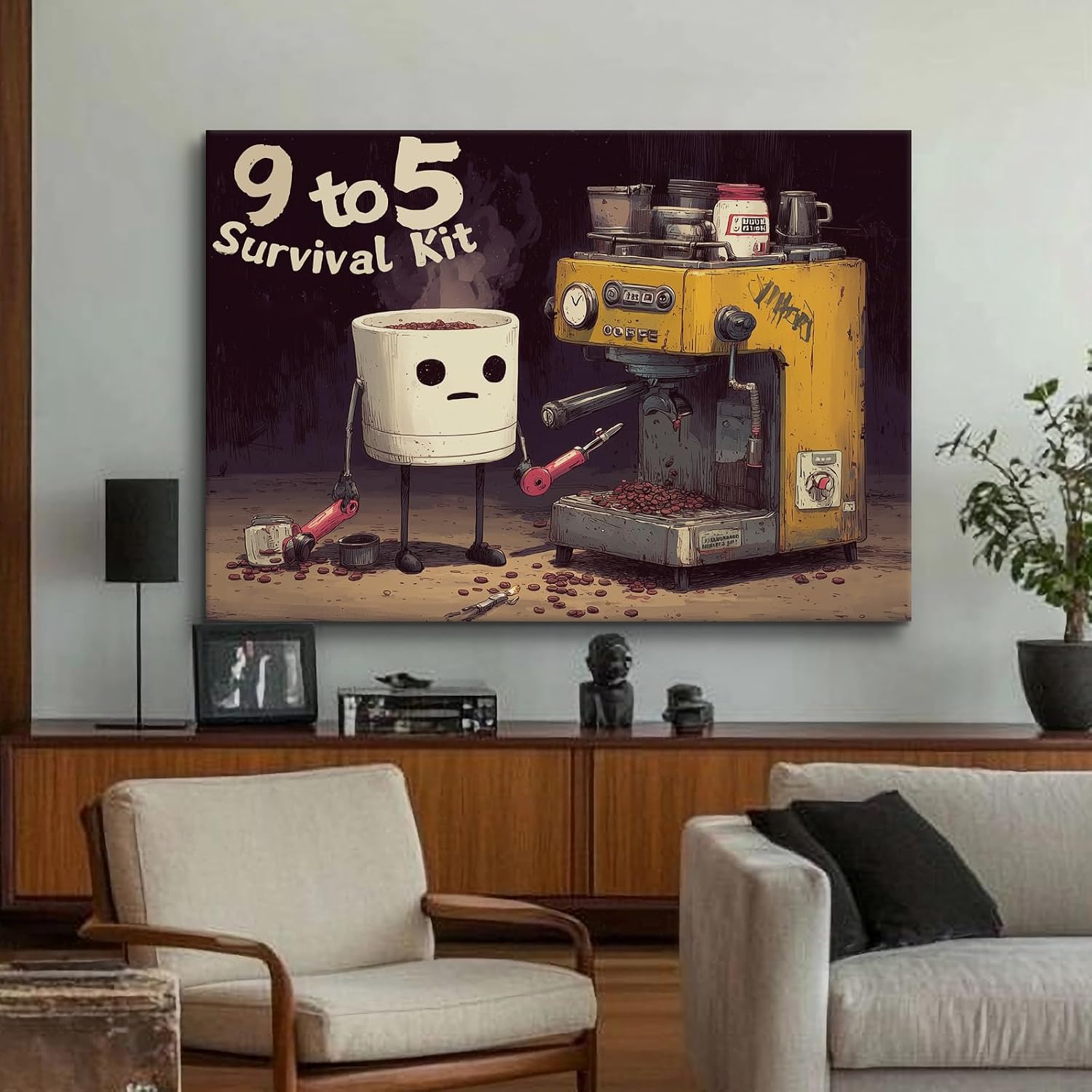 Craftline - Funny Coffee Canvas Print Art, 9 to 5 Survival Kit Text Coffee Cup with Tools Vintage Espresso Machine Painting Artwork for Workshop Office Home 24x16inch