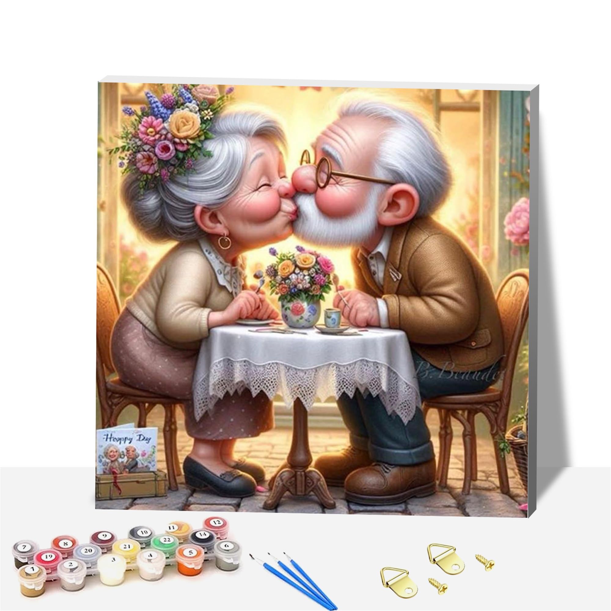Adults Grandmother Paint by Number Kits,Wooden Framed |Kiss Painting Kits on Canvas,Color by Numbers Adult Acrylic Watercolor Gifts for Friends Wall Decor (Elderly Couple on a Date)