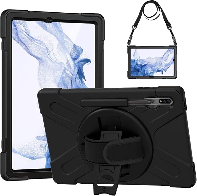 Gerutek Samsung Tab S7 FE Case, Galaxy Tab S8 Plus Case Shockproof Heavy Duty Rugged with Pencil Holder, 360 Rotating Kickstand/Hand Strap,Shoulder Strap Protective Cover for Tab S7 Plus, Black