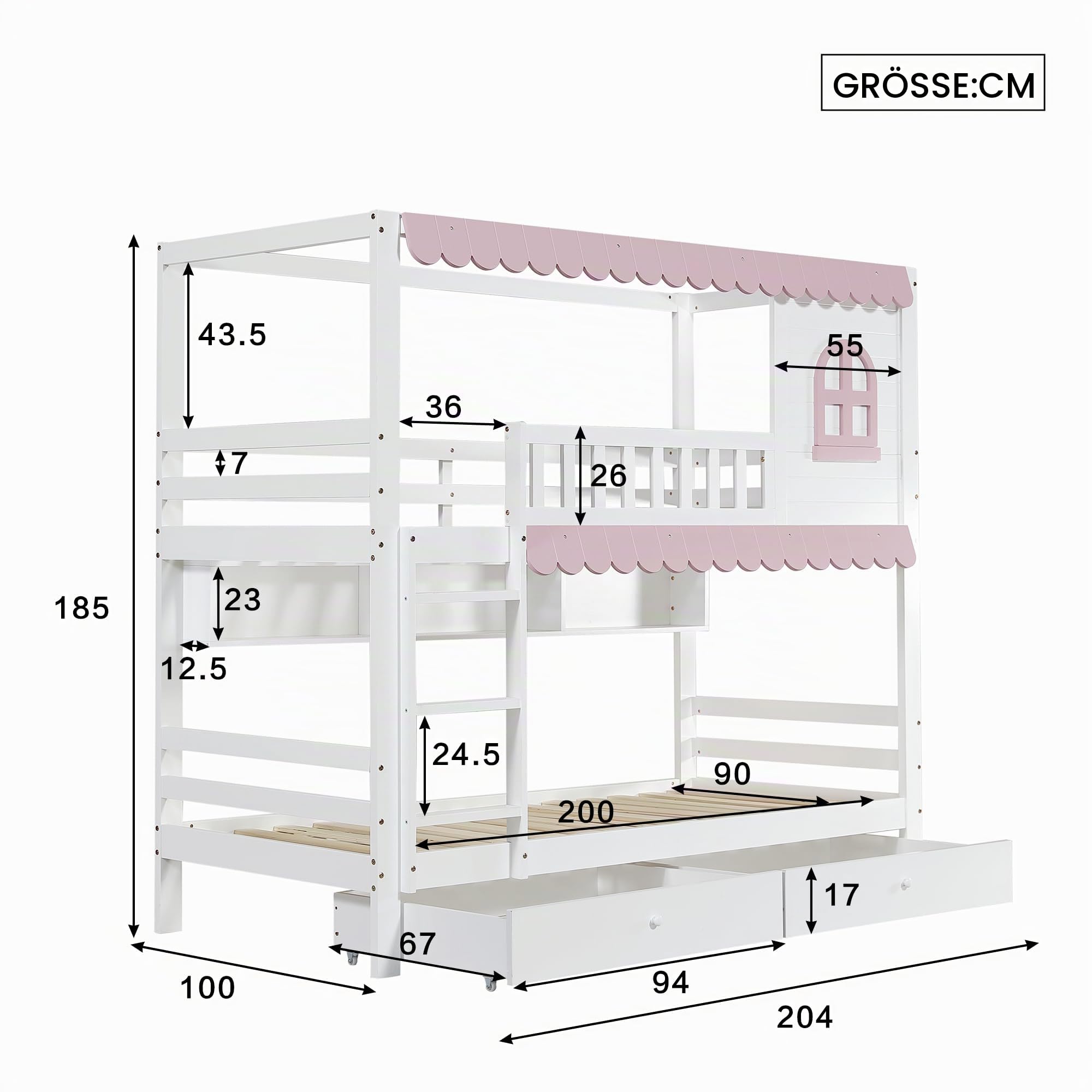 Merax Etagenbett Kinderbett 90x200cm, Hochbett Holzbett mit Rausfallschutz, Zwei Schubladen mit Rollen, Offenes Regal, Platzsparendes Stockbett mit 2 Lattenrost & Großes Fenster, Jugendbett, Weiß&Rosa