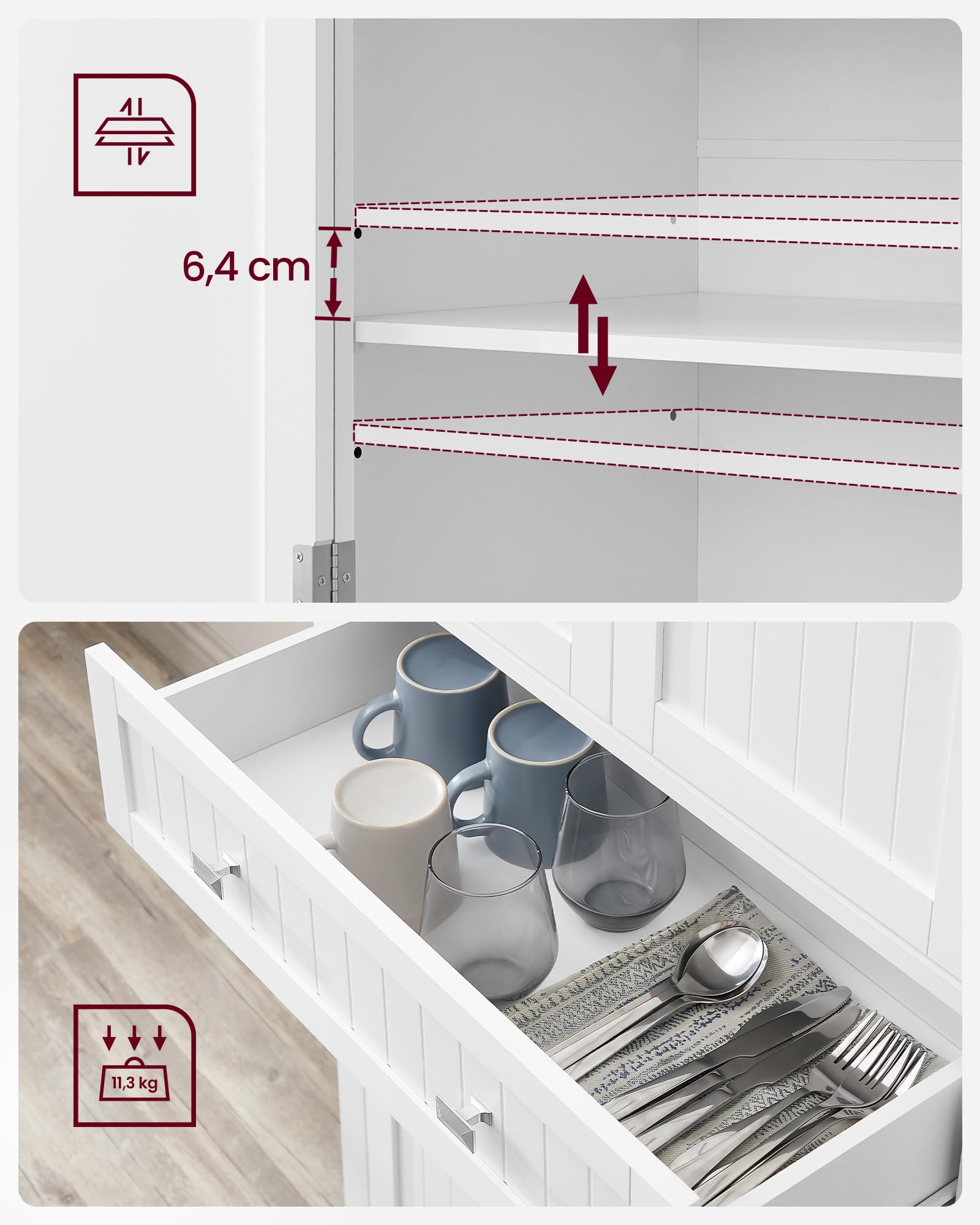 VASAGLE BBK364W02 High Kitchen Dresser Storage Cabinet Cabinet