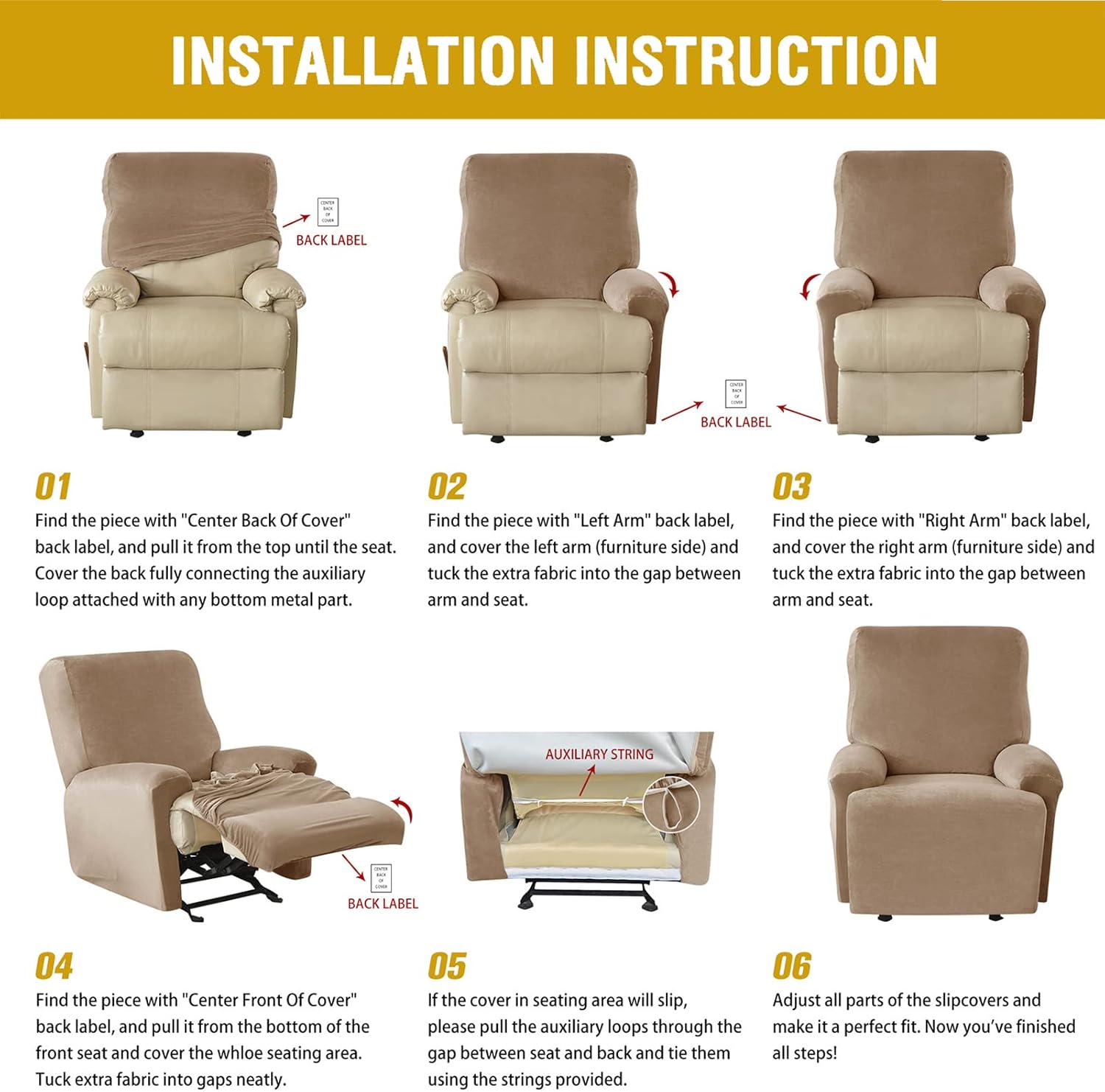 Stretch Recliner Covers for 1 2 3 Seater Sofa Slipcover Reclining Couch Covers Armchair Furniture Protector Non-Slip (Black,1 Seater)
