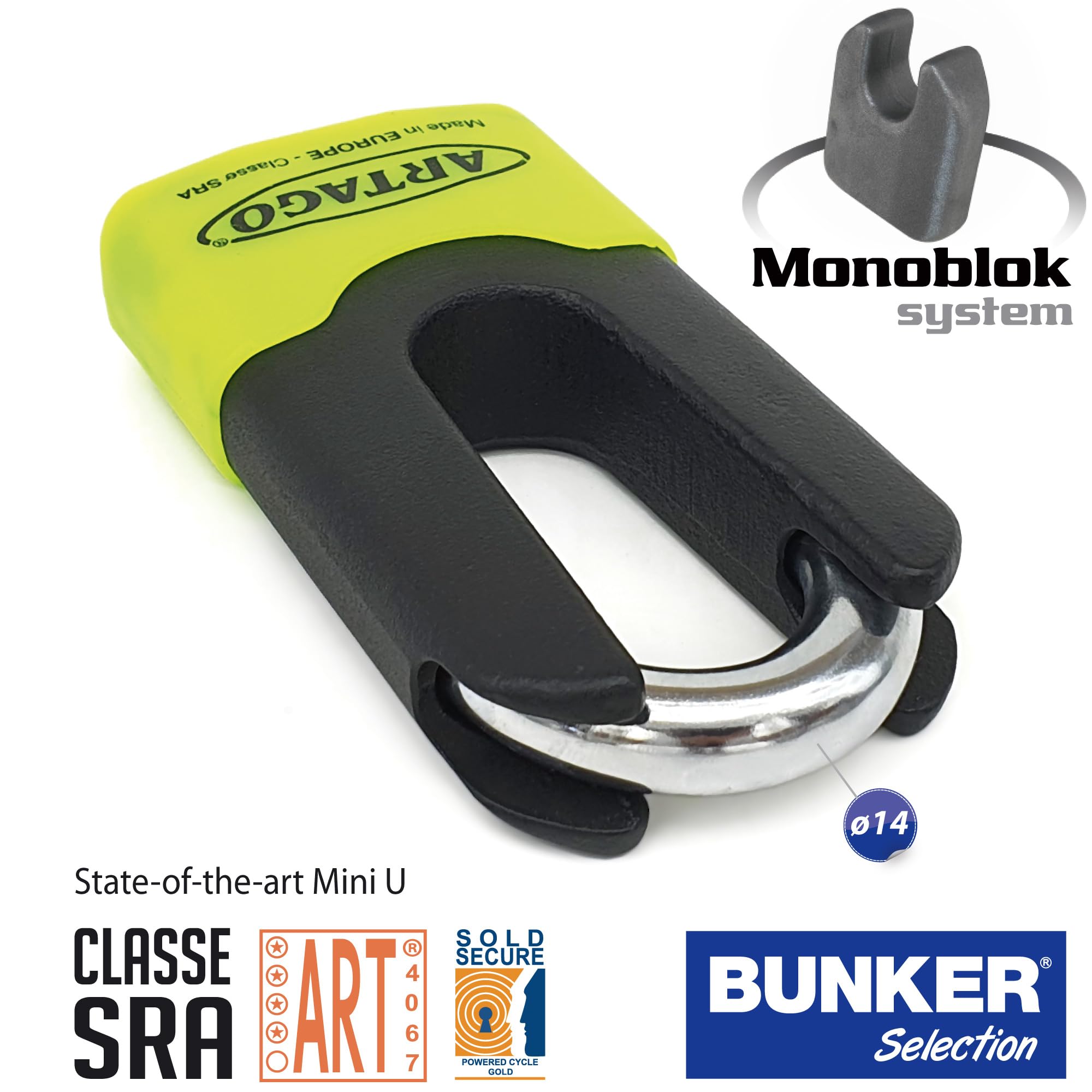 Artago 69X Candado Moto Disco Mini U Alta Gama Homologado SRA, Sold Secure, ART4, BUNKER SELECTION, Tapa Disuasoria, Cuerpo MONOBLOK Acero Forjado Máxima Resistencia Testado, Antirrobo Freno para Moto