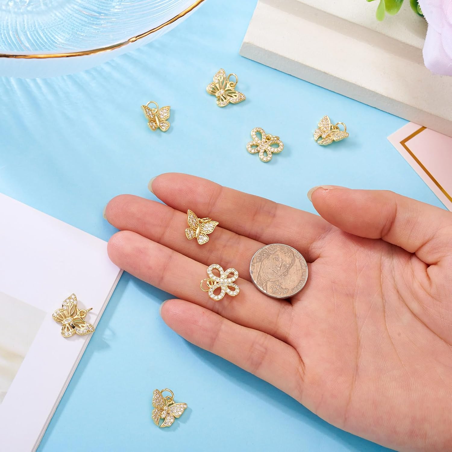 Pandahall 8Pcs Brass 18K Gold Plated Butterfly Charms Cubic Zirconia Pendants Small Insect Dangle Charms with Jump Rings for DIY Permant Jewelry Making Bracelet Necklace - Image 5