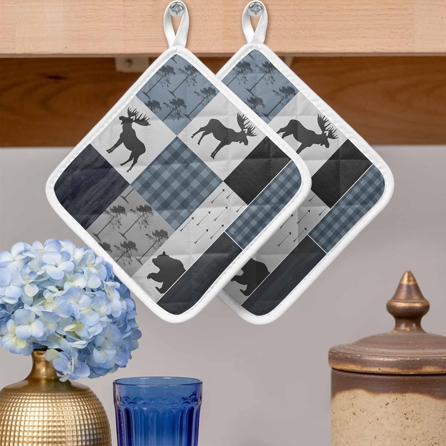 4 Pack Pot Holders for Kitchen,Rustic Woods Moose Bear Blue Buffalo Plaid Heat Proof Potholder Hot Pads Trivet,Field Forest Retro Animal Wood Grain Washable Coaster Potholders for Cooking Baking