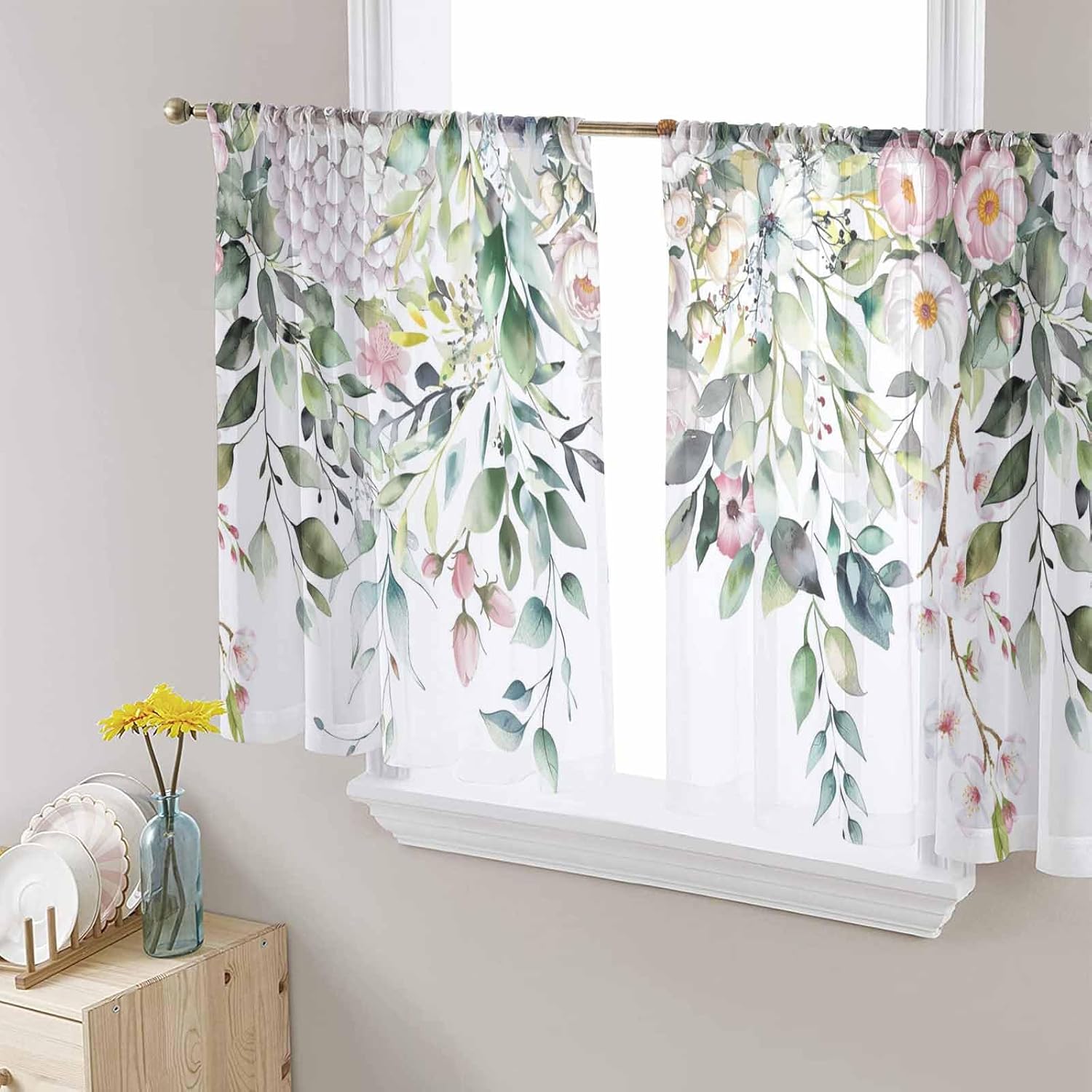 2 PCS Eucalyptus Sage Green Semi-Sheer Chiffon Curtains 45 Inches Long,Rod Pocket Voile Curtain Panels Window Drape Curtains for Living Room/Bedroom/Kitchen,Farmhouse Pastoral Pink Floral Leaf 104x45