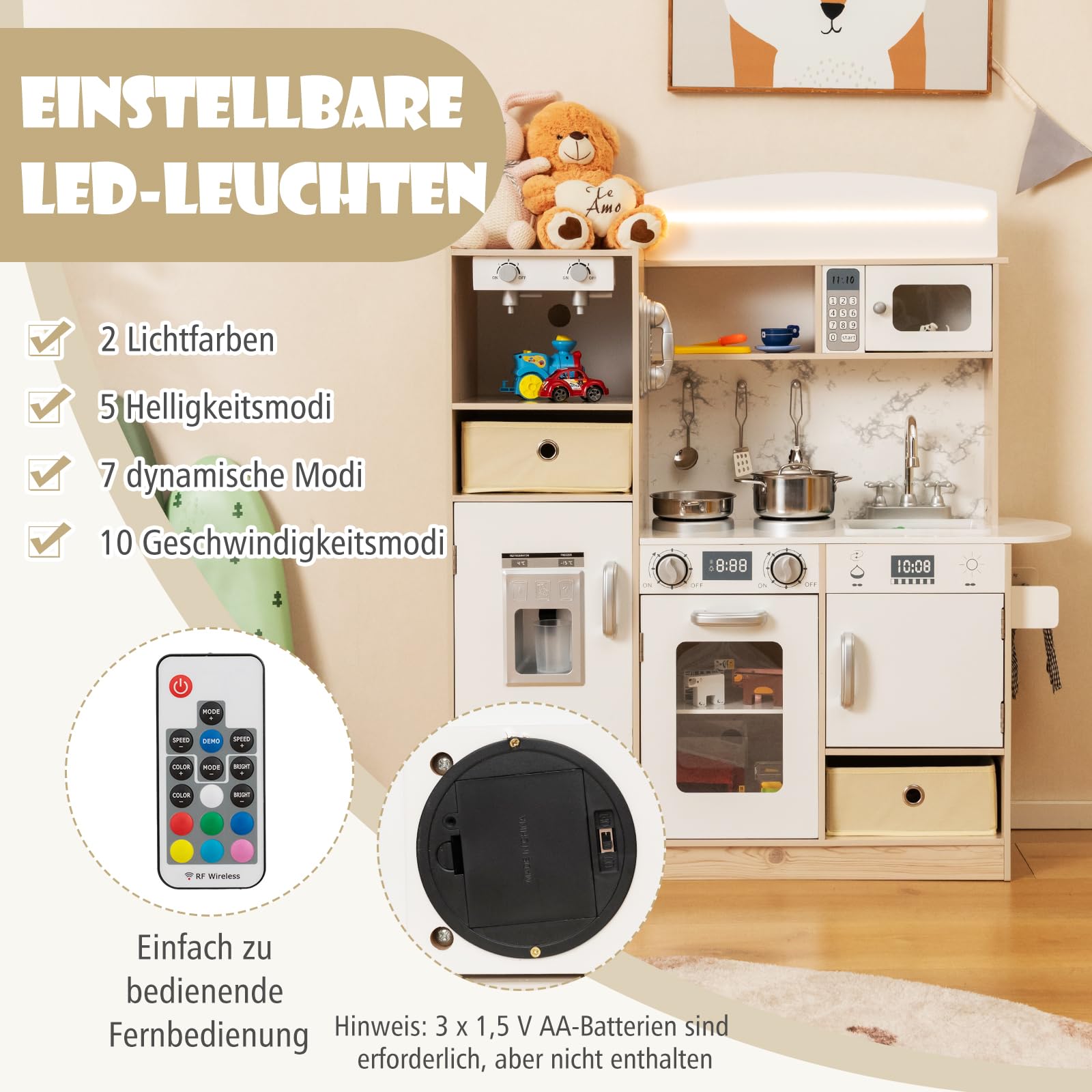 COSTWAY Kinderküche inkl. Zubehör, Spielküche Holz mit einstellbaren LED-Lichtern, abnehmbaren Stoffkörben & Regalen, Spielzeugküche mit Kaffeemaschine & Kühlschrank, für Kinder ab 3 Jahren