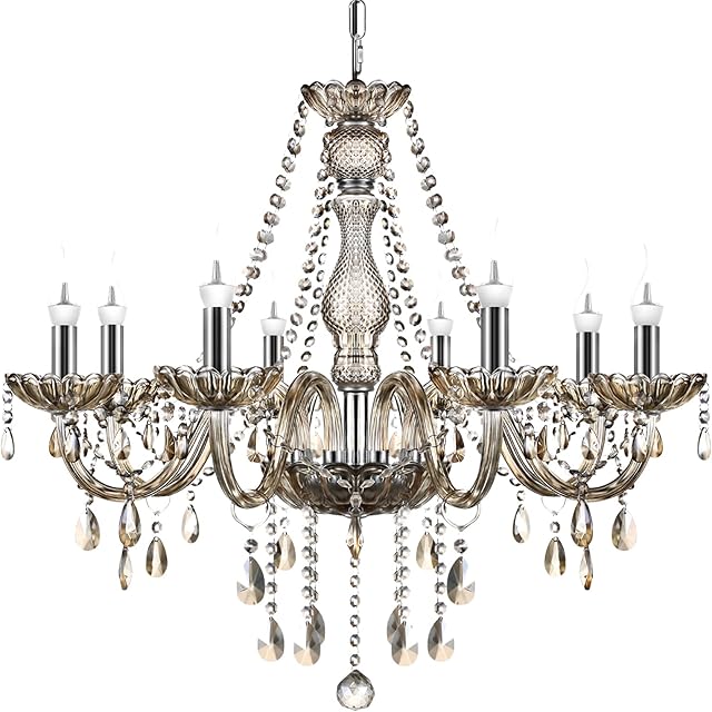 TRY-YEAN Luxurious 8 Arm Chandelier K5 Crystal Glass Silver Cognac Color Ceiling Light Pendant Lamp for Living Room Bedroom Hallway Entry