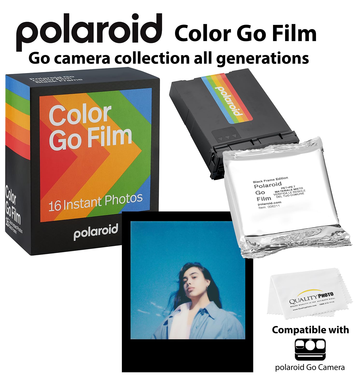 Polaroid Go - Película de color, marco negro + paño de microfibra de calidad (compatible con cámaras Polaroid Go) (paquete de 2 (32 películas))