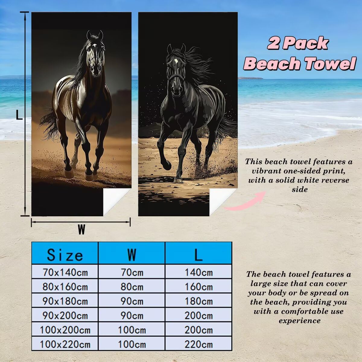 Ręcznik plażowy XXL, 100 x 200 cm, zestaw 2 szt., z mikrofibry, ręcznik plażowy z motywem konia, szybkoschnący, do sauny, fitness, bez piasku, ręcznik plażowy, do sauny, duży ręcznik kąpielowy
