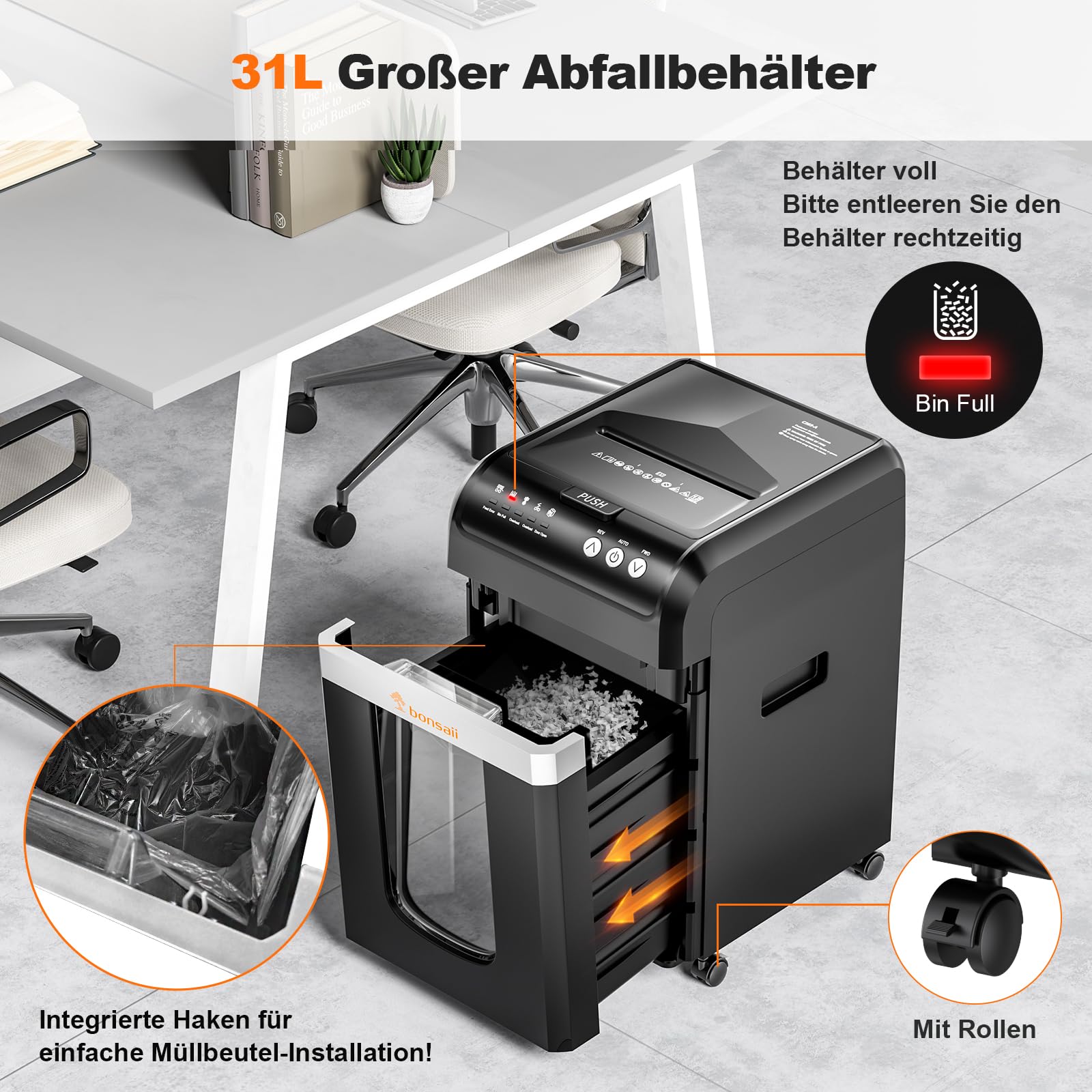 Bonsaii Aktenvernichter mit automatischem 200-Blatt-Einzug, 60 Min Dauerbetrieb, DIN P-4 Mikroschnitt, 31L herausziehbarer Behälter, leise (58 dB) & energiesparend – ideal fürs Büro, C283 | leiser ≤58dB mit 60 Min. Dauerbetrieb und 31L Behälter für Büro u