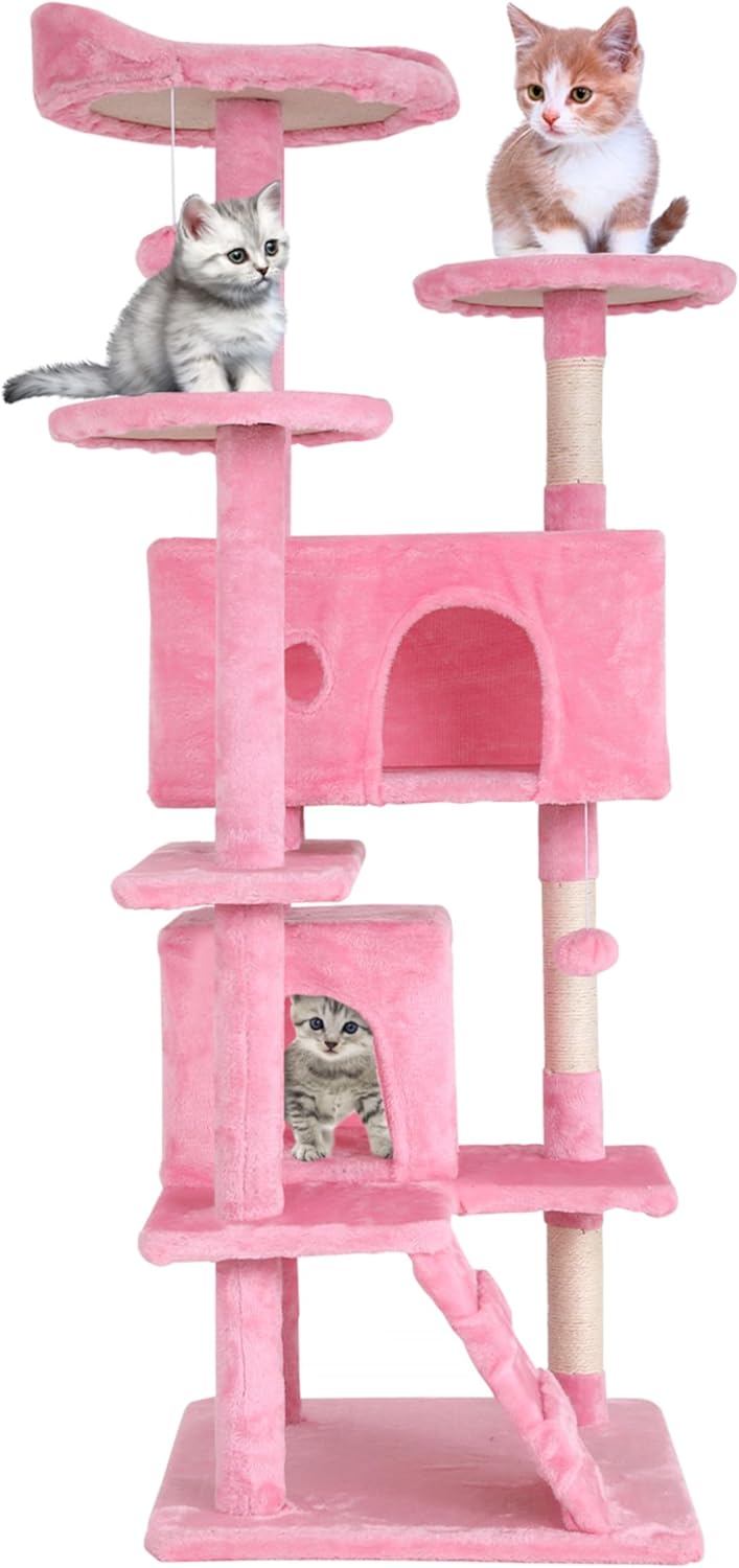 24/7 Shop at Home Court 54 inch Multi-Level Cute Cat Tree Tower with Dangling Ball and Scratching Posts for Indoor Cats Adults, Kitten Supplies, Pet House, Pink