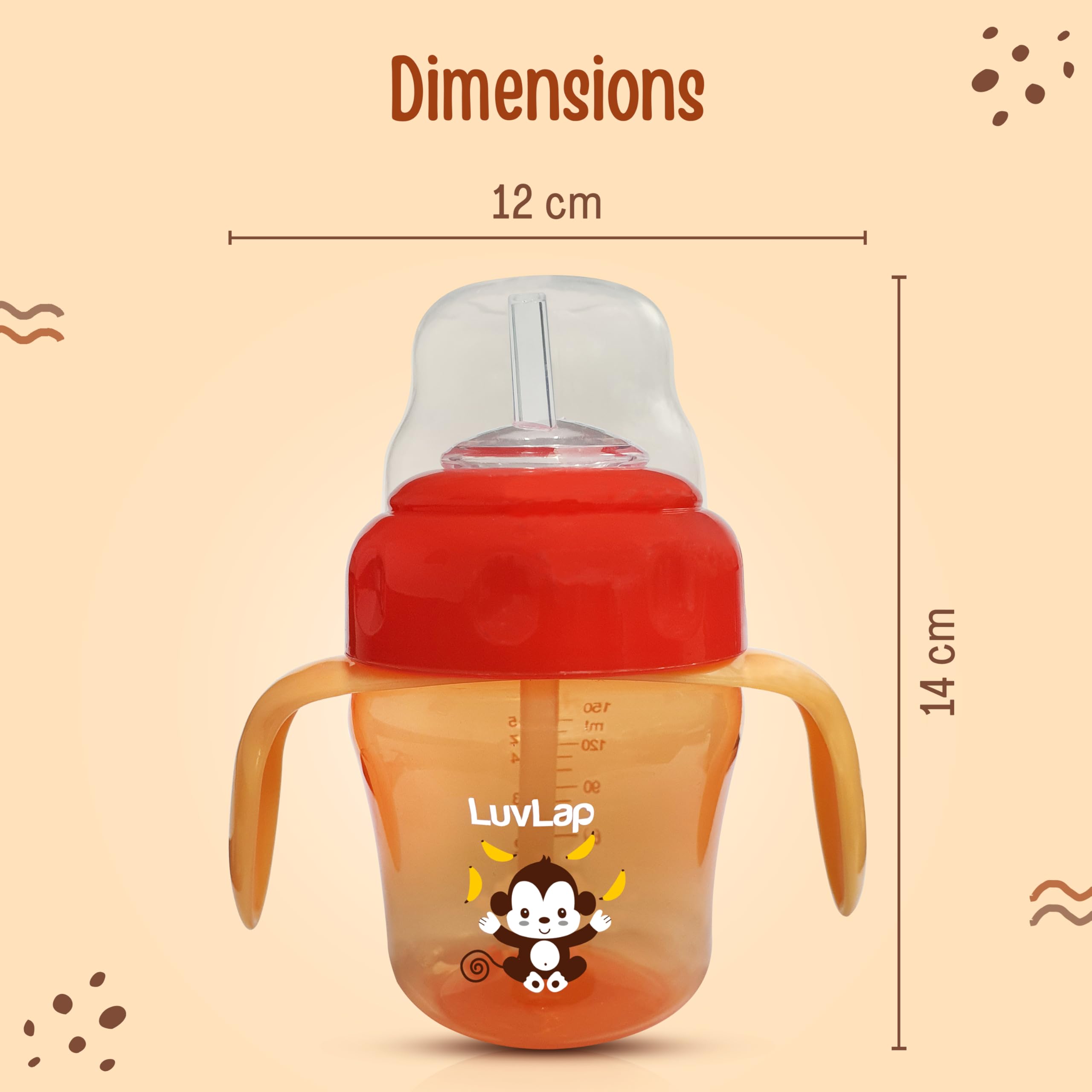 Luvlap Banana Time 150ml Anti Spill, Interchangeable Sipper / Sippy Cup with Soft Silicone Spout and Straw BPA Free, 6m+ (Orange) - Image 6 thumbnail