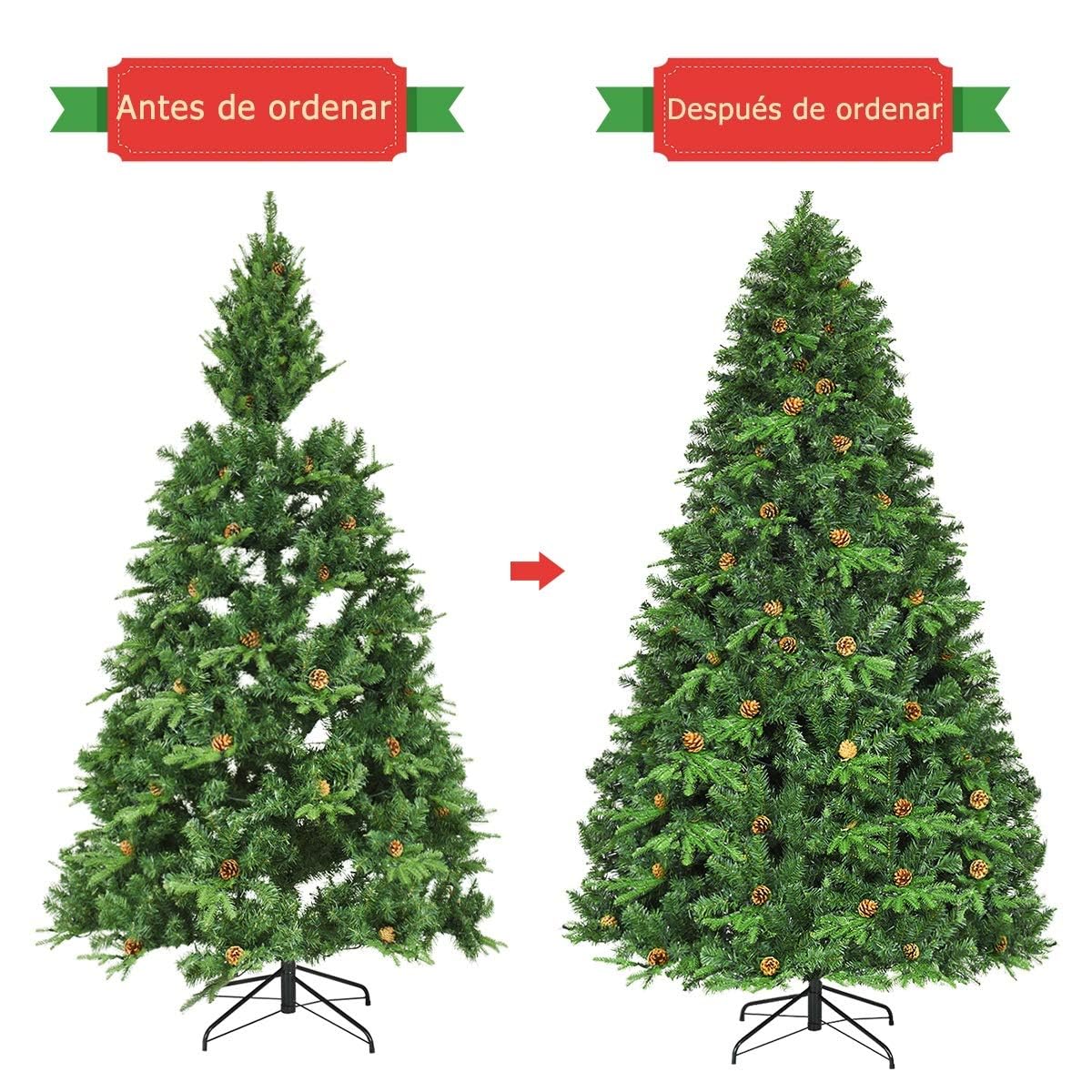 COSTWAY Árbol de Navidad Artificial Verde 240cm, Arbol de Navidad con 600 Luces Incorporadas Soporte de Metal, 81 Conos de Pino, PVC y PE, Arvore de Natal Hogar Fiesta Interior (240CM)
