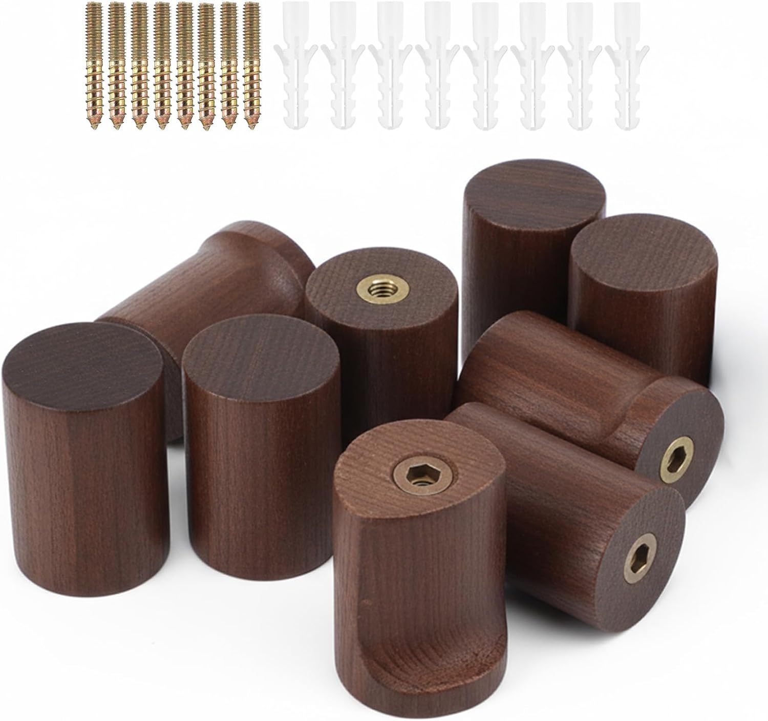 Wood Wall Hooks 8 Pack, Natural Walnut Coat Hooks with Metal Core, Heavy Duty Wall Mounted Hat Hook for Entryway, Bathroom, Bedroom - Rustic Home Decor