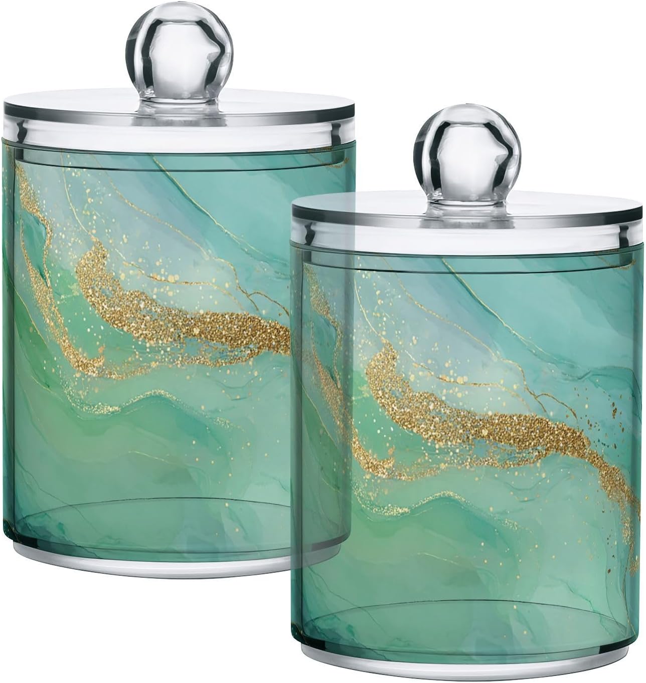 Clear Plastic Qtip Holder with Lid, Dustproof Waterproof Pastel Green Marble Print Storage Canister for Cotton Swabs, Balls, Floss, Hair Ties, Bathroom Vanity Counter Organizer 2 Pack