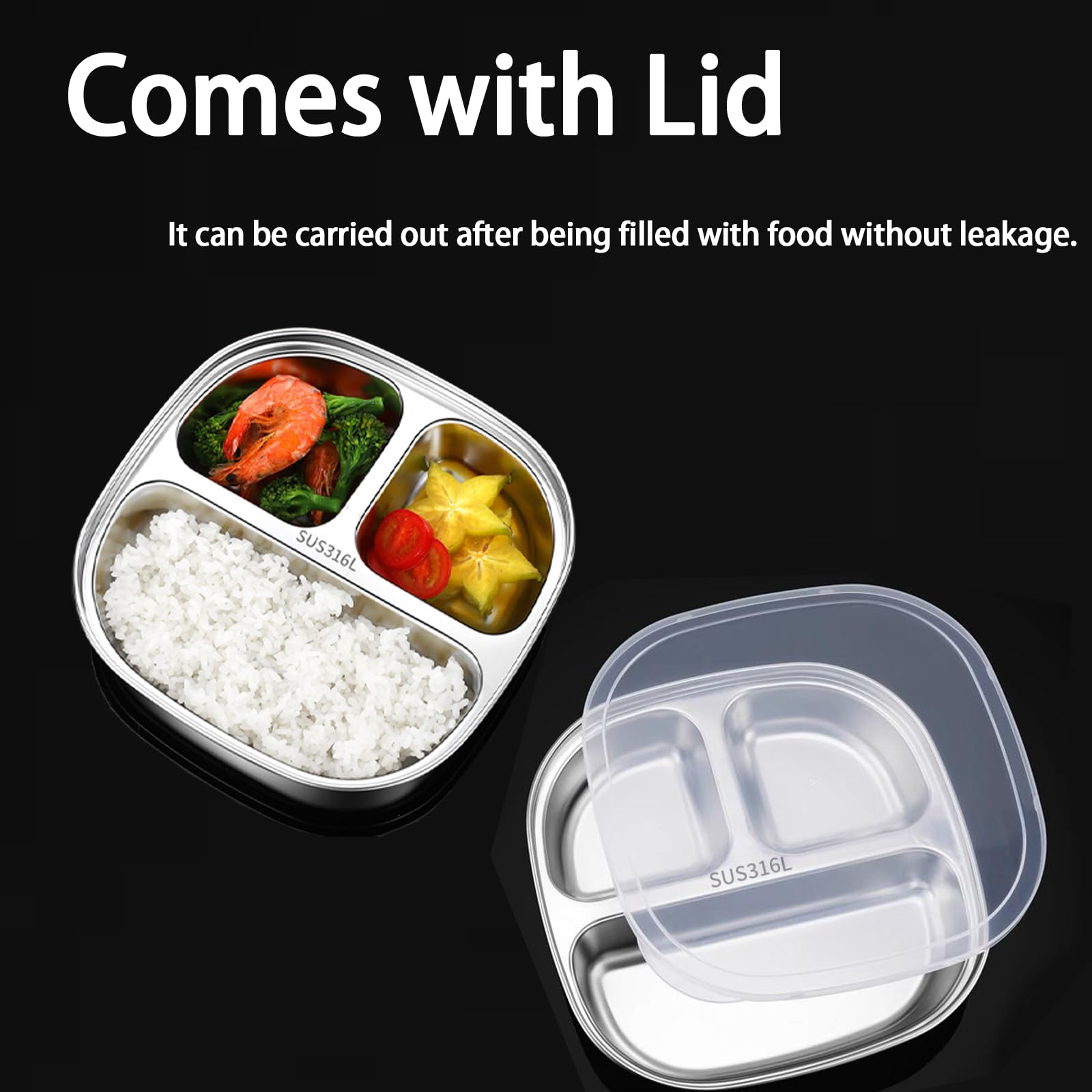 Piatto Bambini Con Ventosa - 3 Scomparti In Acciaio Inox, Antiscivolo, Con Coperchio, Giallo - Foto 4