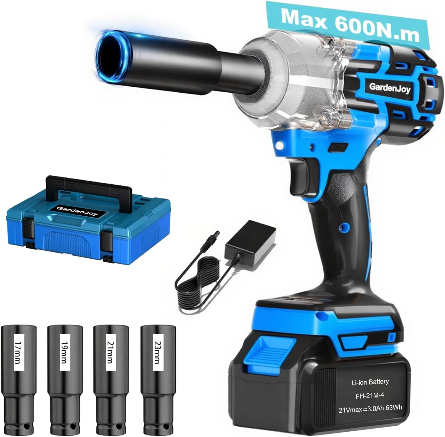 GardenJoy Impact Wrench,1/2" Cordless Impact Gun Max Torque 240 Ft-lbs (600N.m),Cordless Impact Wrench 4.0Ah Battery & 4 Sockets with Fast Charger for Car Tire Lug Nut Removal Tool