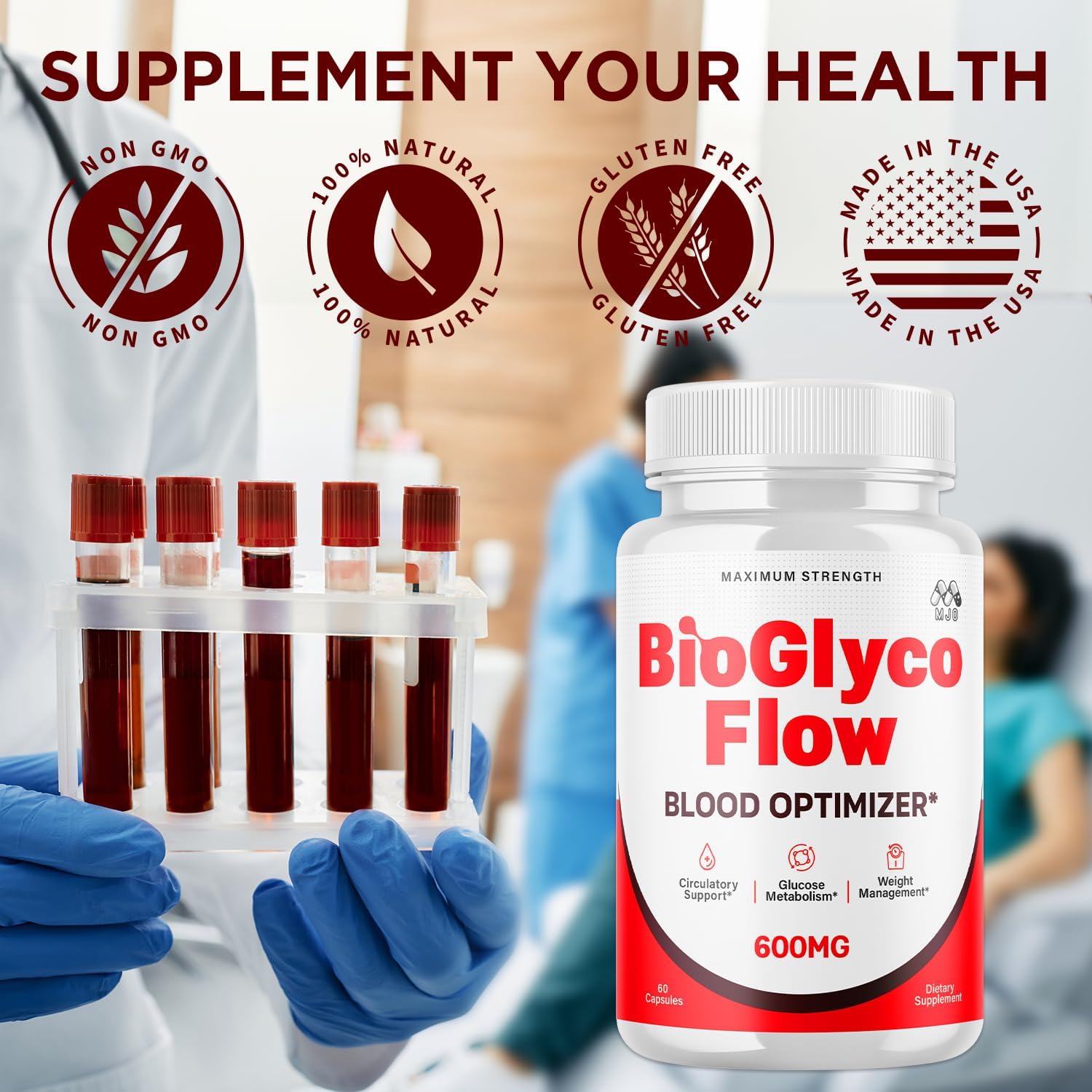 BioGlyco Flow Blood Optimizer Capsules, Official BioGlyco Flow Pills with All Natural Ingredients, Advanced Health and Wellness Support Supplement with Maximum Strength Multivitamins (60 Capsules)