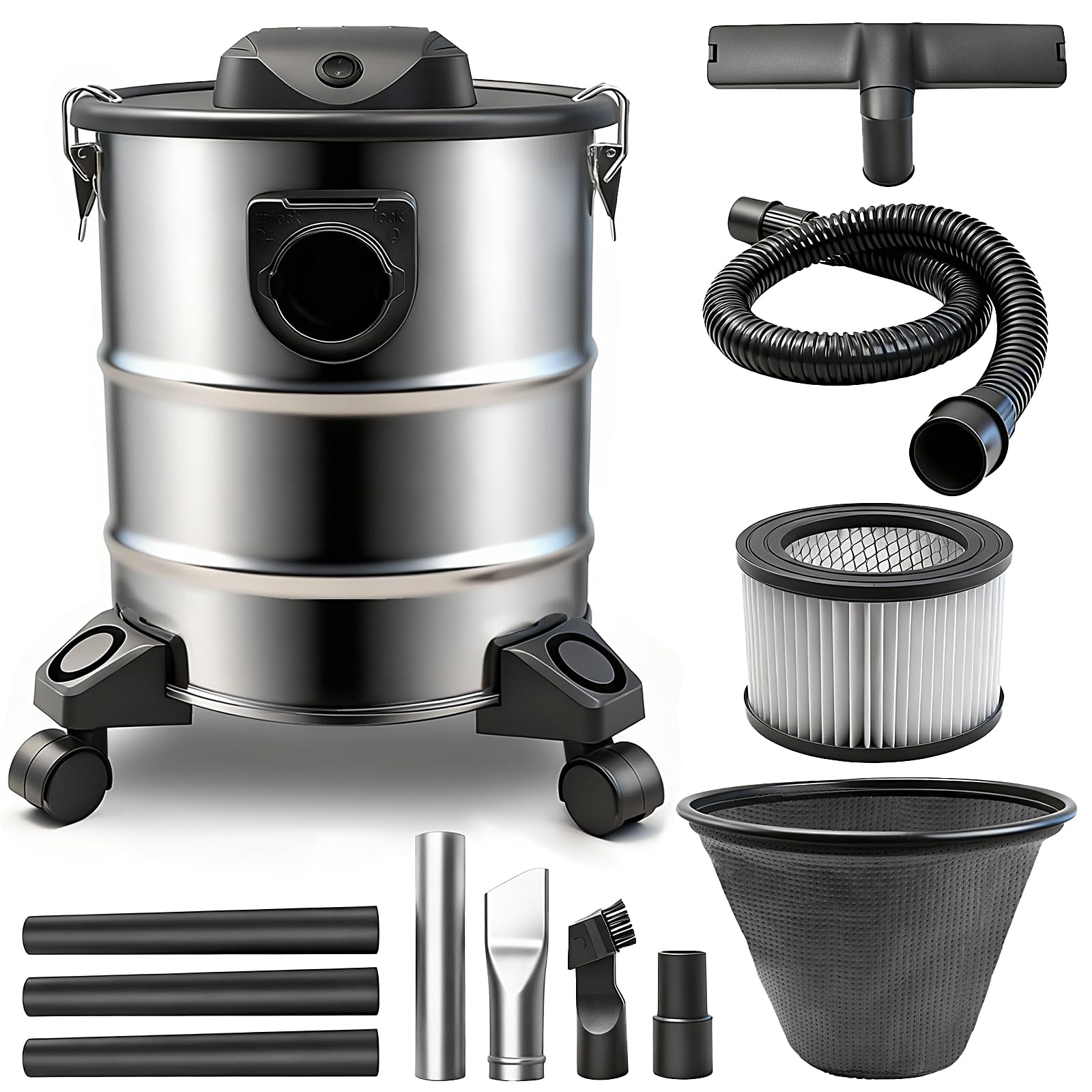 BLUEMARS Ash Vacuum, Pellet Stove Vacuum Cleaner, 20L Stainless Steel Tank, Powerful 1000W Motor with Blower Function, HEPA Filter, Wheels for Easy Move, for Pellet & Wood Stoves