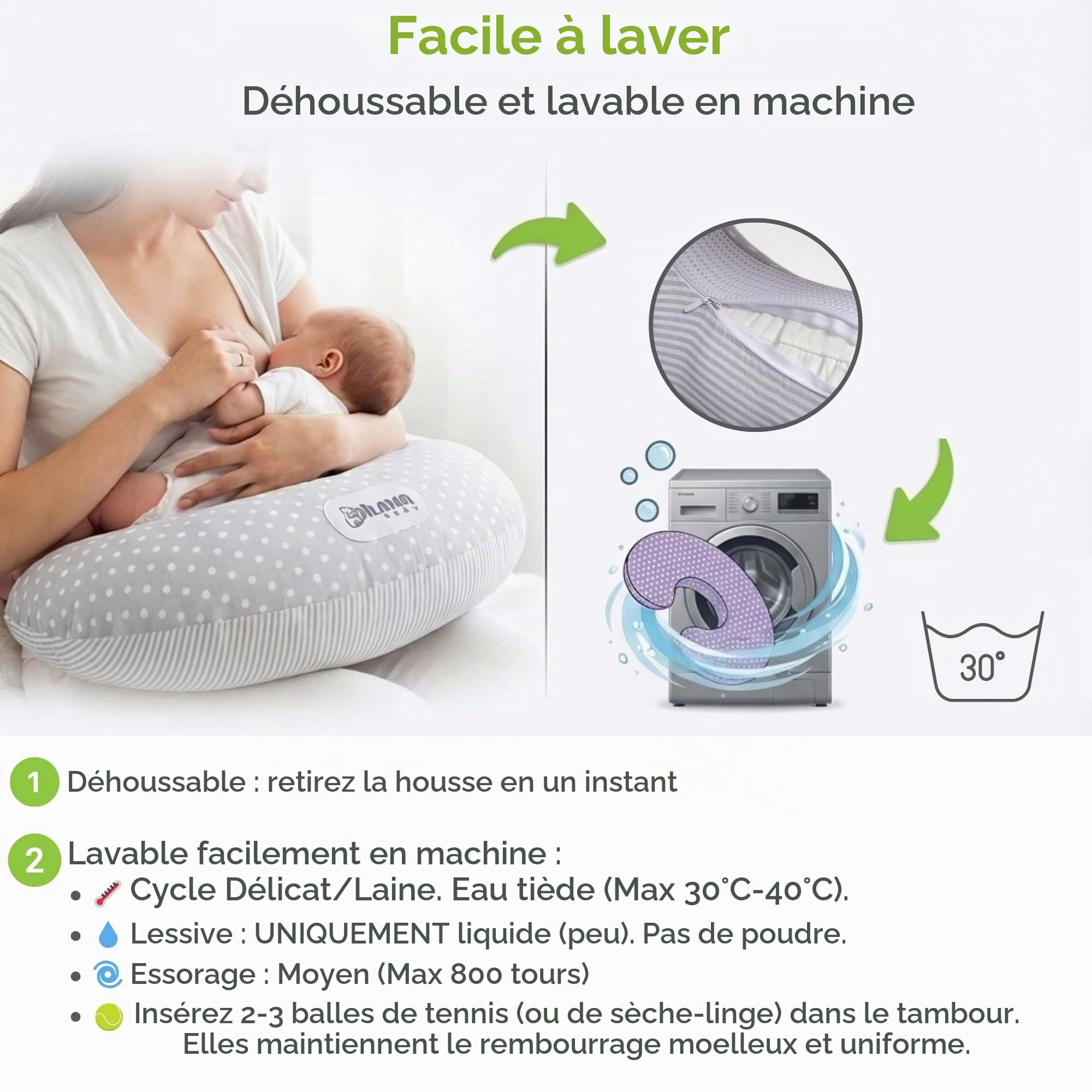 Dilamababy Coussin Allaitement avec 2 Taies d'oreiller 100% Coton Certifié Oeko-Tex Déhoussable Lavable Polyvalent Coussin d'allaitement et Support Bébé