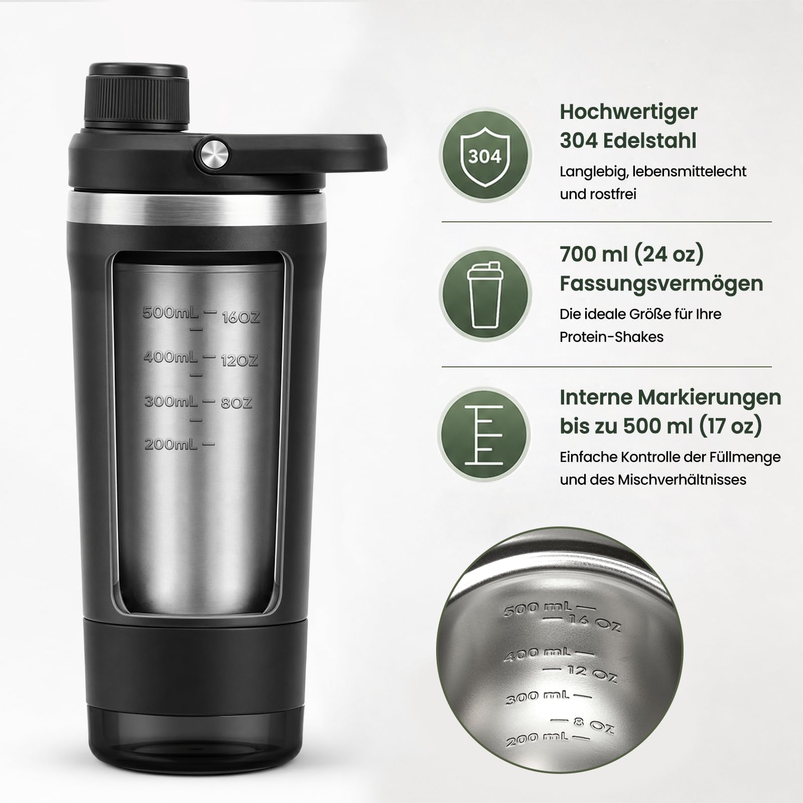 Shaker Edelstahl 700ml, Edelstahl Shaker Doppelwandig mit Pulverfach, Proteinshaker mit Innenskalierung für eisgekühlte Proteinshakes, Klumpenfrei, Auslaufsicher für Freizeit und Sport, BPA-Frei