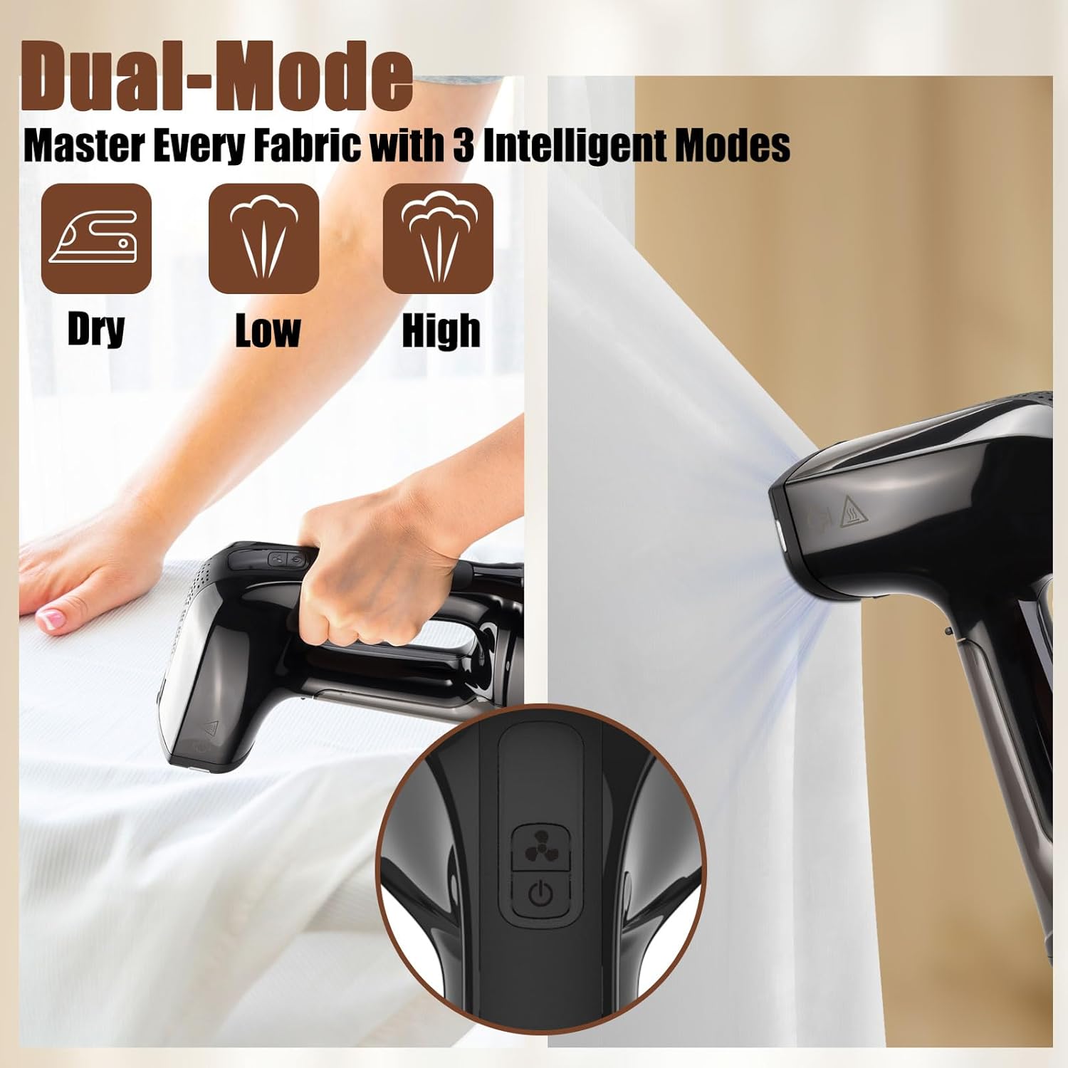 Vacuum Steamer for Clothes, 3200Pa Suction Handheld Clothes Steamer, Dual Mode, LED Display, Portable Travel Steamers for Clothes, Steaming & Ironing 2 In 1, 160ml Water Tank (for 110-120V) - Black