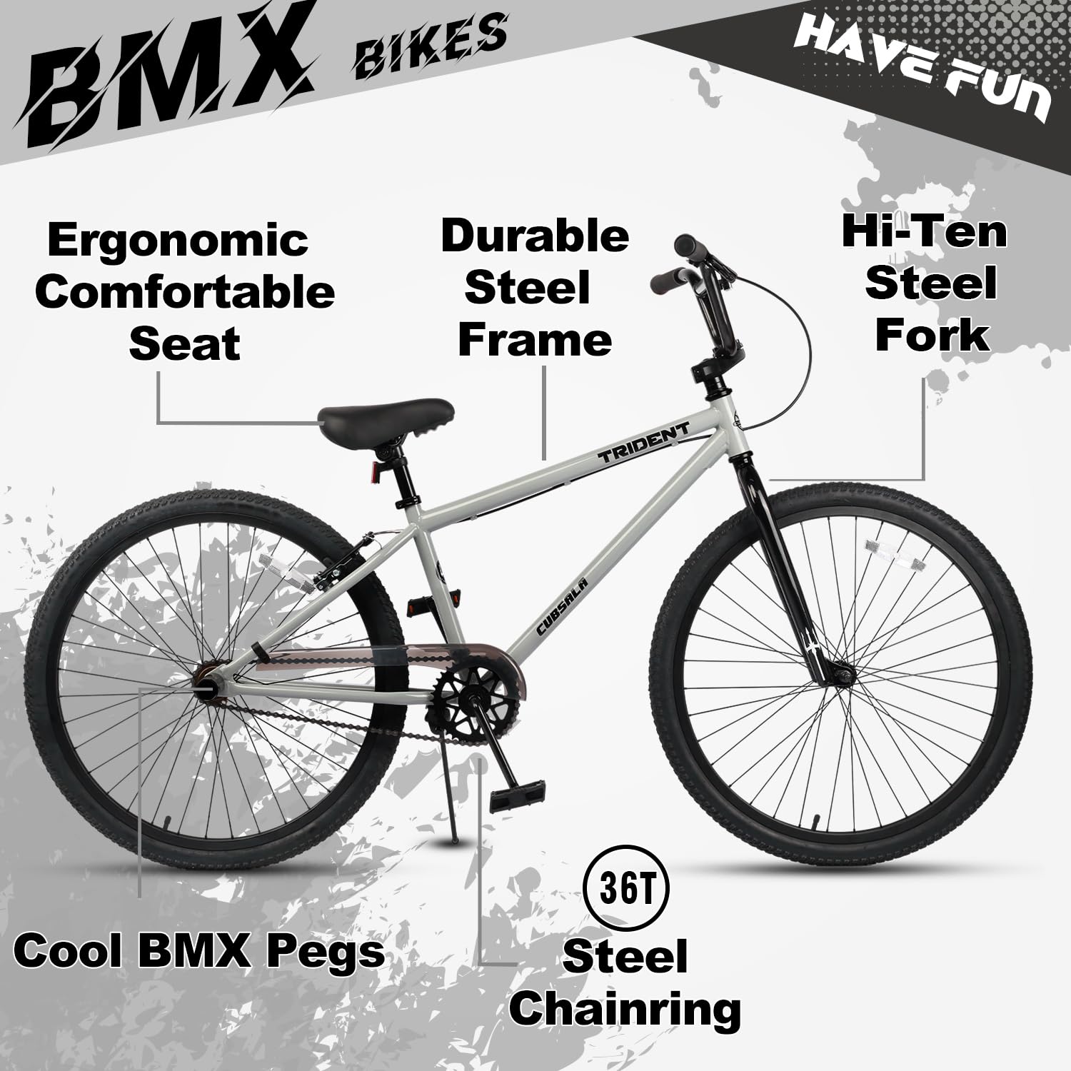 cubsala 24 Inch BMX Race Bike Trident Bicycles Beginner-Level to Advanced Riders with 2 Pegs Trick Cycling and Professional Riding, Grey