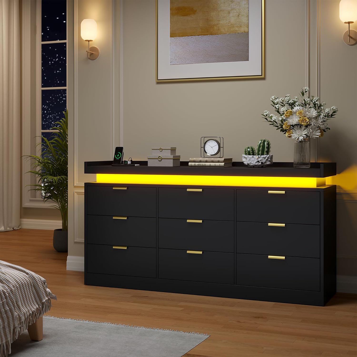 knoworld 9 Drawer Dresser for Bedroom, Black Dresser with LED Lights and Power Outlet, Large Wooden Dressers Modern Chest of Drawers, Triple Wide Drawer LED Dressers for Bedroom, Entryway, Hallway