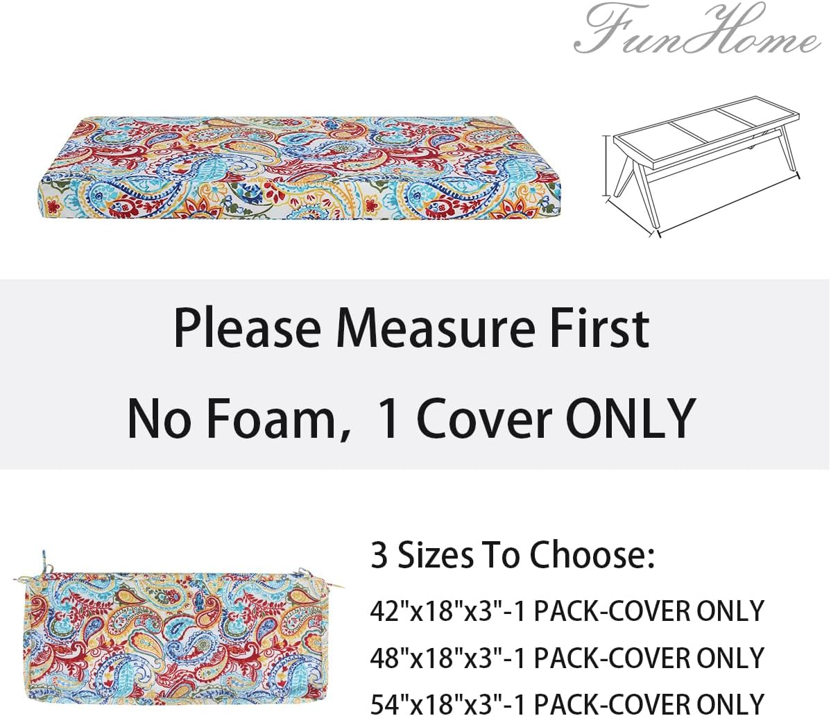 FUNHOME Outdoor Bench Cushion Cover 42 x18 x 3 inch,Water Resistant Cover with Zipper&Ties,Fade-Resistant Slipcover,Patio Porch Swing Cushion Cover Replacement Only,No Insert(Phoenix)