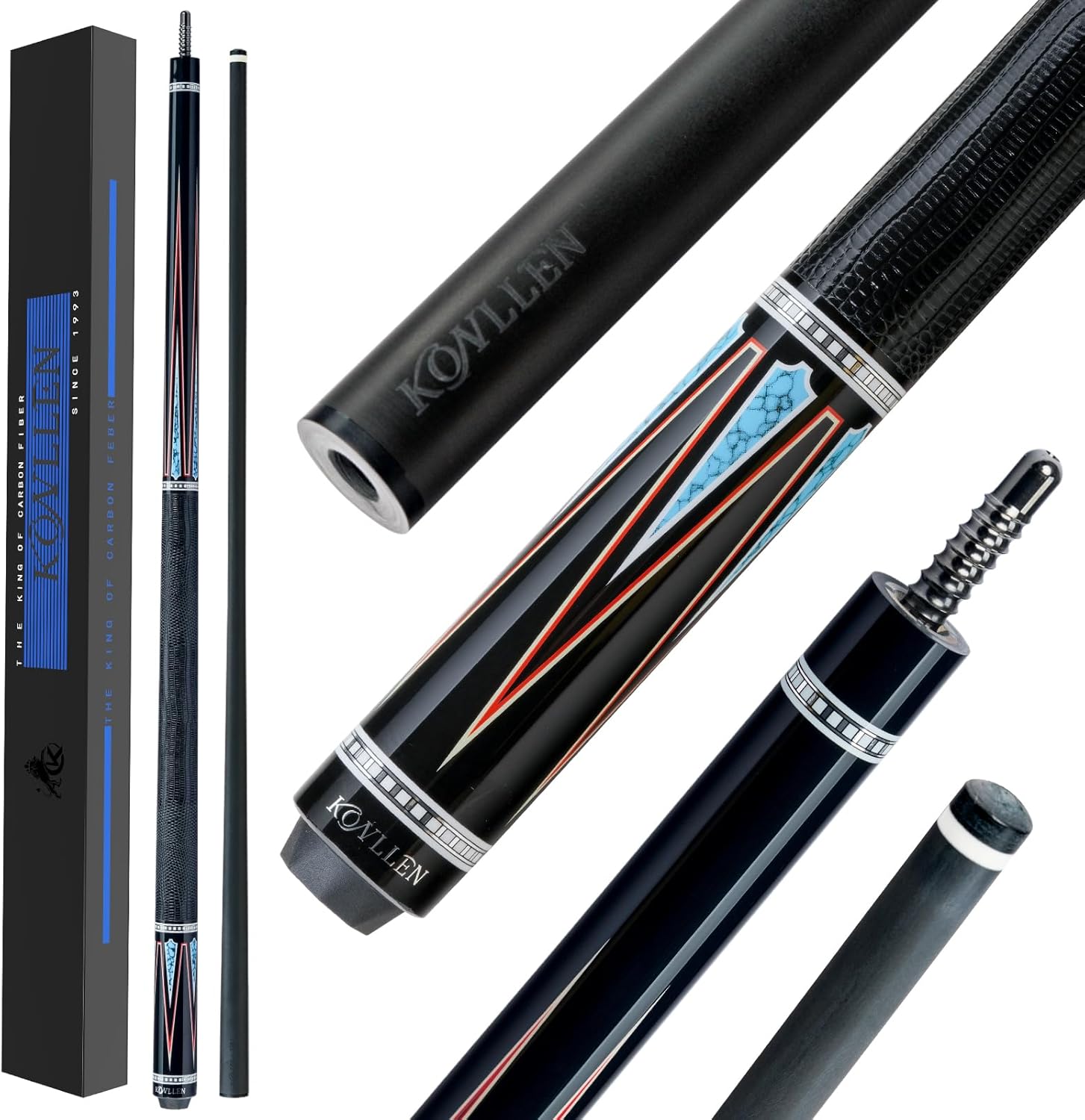 KONLLEN Carbon Fiber Pool Cue Stick 58-inch Professional Pool Sticks for Adults Full Carbon Technology Low Deflection Pool Cue Billiard Cues with 12.5mm Tip (Easy to Control, Pro Taper, Ultra-Smooth)