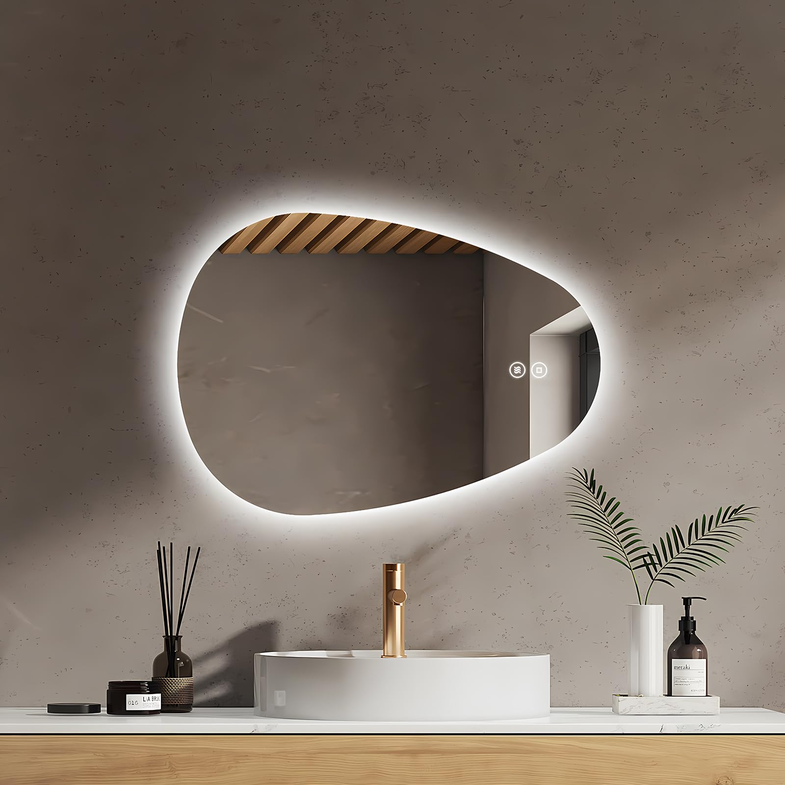 EMKE Espejo de Baño con Iluminación, 70 x 50 cm, Espejo LED Asimétrico, Interruptor Táctil, 3 Colores de Luz Ajustables, Espejo Anti-Vaho