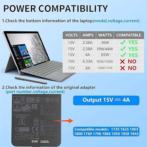 Miniatura 3 de Cargador de 65 W, 44 W, 39 W, 1706, apto para Microsoft Surface Pro 9 8 7+ 7 6 5 4 3 X Surface Laptop 5 4 3 2 1 Surface Go 3 2 1 Fit Model 1800 1950