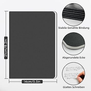 RITOLLO Pack of 6 A5 Blank Notebooks Black Kraft Paper Cover 80 g/m² Premium Paper Sketchbook for Drawing & Creative Projects for School Office & Travel