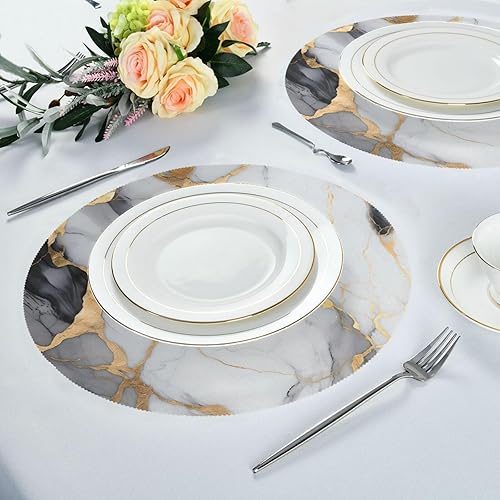 Miniatura 5 de Juego de 6 manteles individuales redondos de mármol blanco y dorado para mesa de cocina, manteles individuales lavables