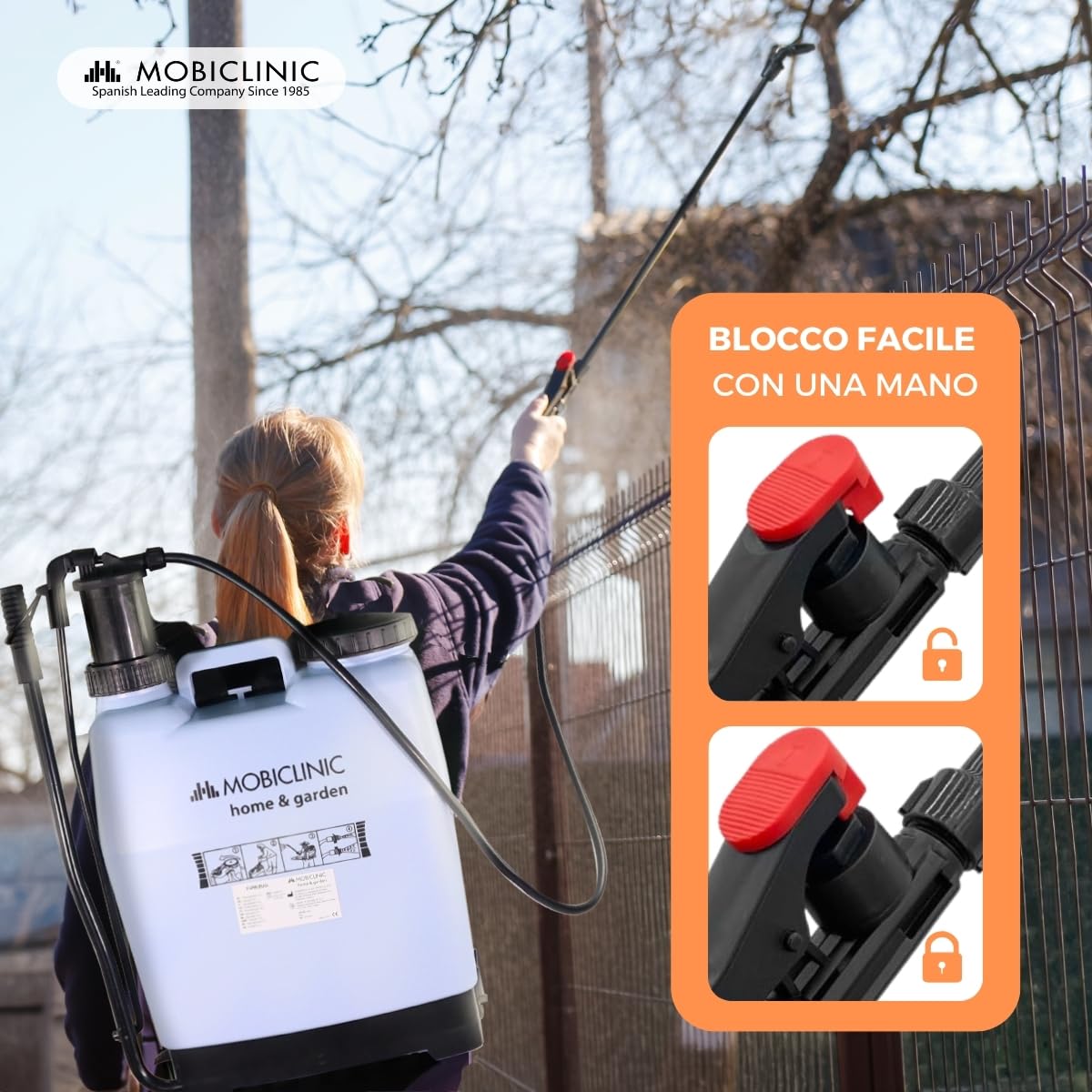 Mobiclinic®, Pompa a Pressione Manuale, 16 L, Giardinaggio, Pressione della pompa, 4 ugelli regolabili, Leggero 2 kg, Spruzzatore, Irrigazione, Controllo dei parassiti, Cura delle Piante, Fumibug