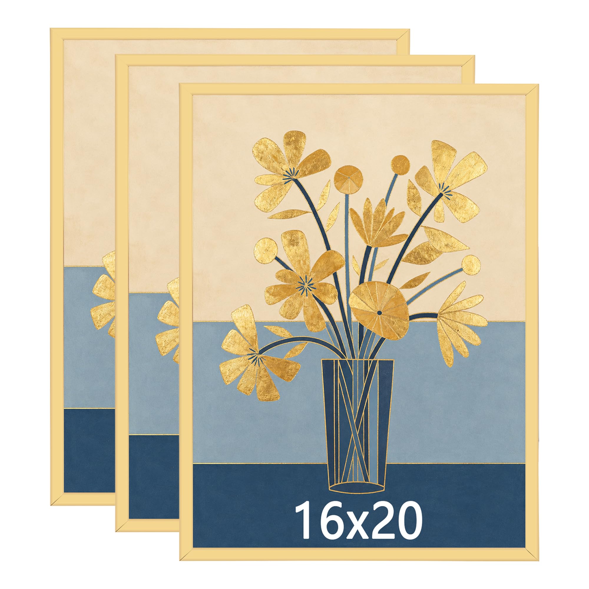 Photo 1 of kennethan Poster Frame,Slide-In Strips Proof Poster Picture Frames for Photos, Posters, Art Prints, Horizontal or Vertical Wall Mounting (Gold, 16x20-3 Pack)