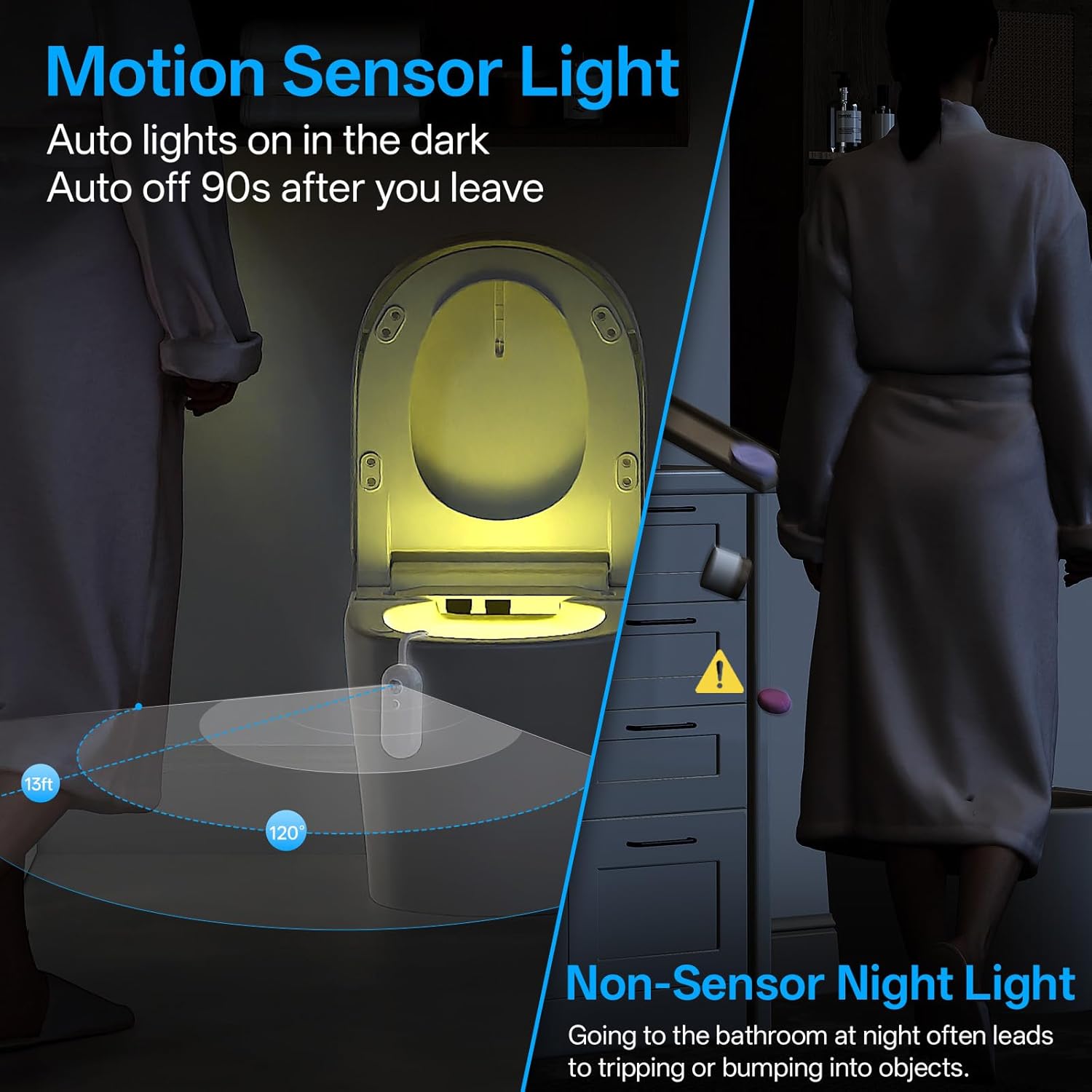 A bathroom scene at night showing a person approaching a toilet with a yellow glow from the toilet light, illustrating the motion sensor activation.