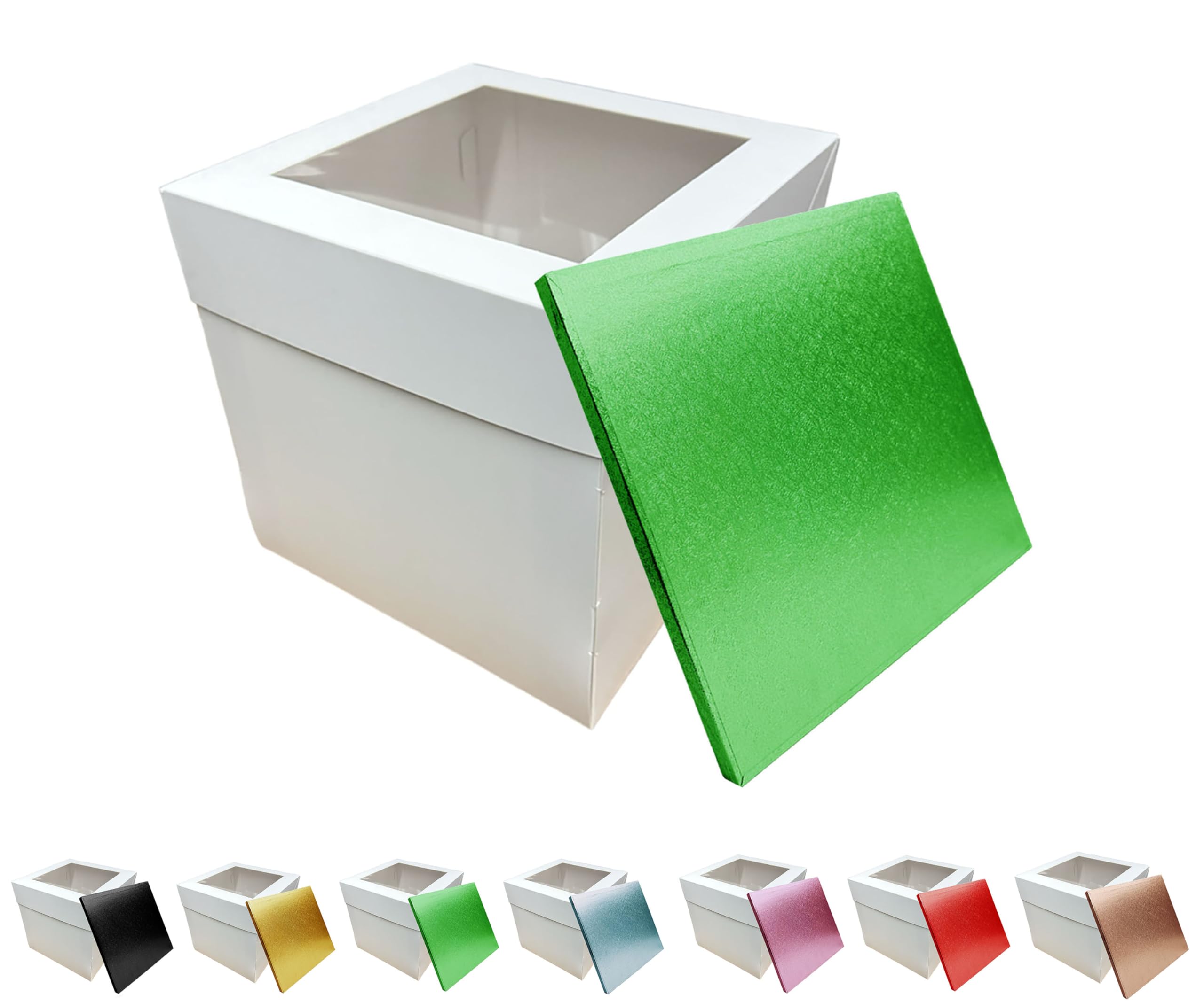 LARRYROO Tall White Cake Box Extra Deep with Clear Display Window & Vibrant, Colourful Square Cake Drum Board Combo (Green, 12 Inch)