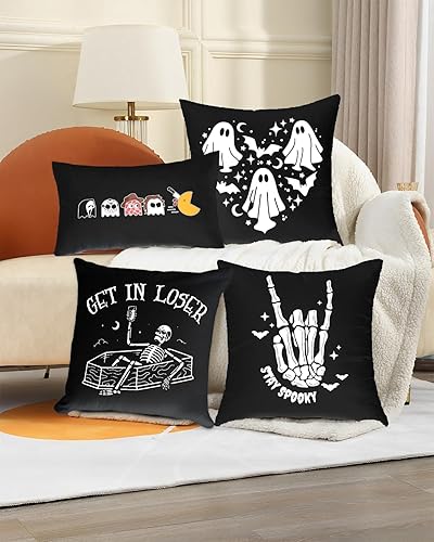 Miniatura 4 de CarOptics Fundas de almohada negras de calavera de Halloween (18 x 18 pulgadas)  Divertidas fundas de almohada con diseño de esqueleto perdedor para