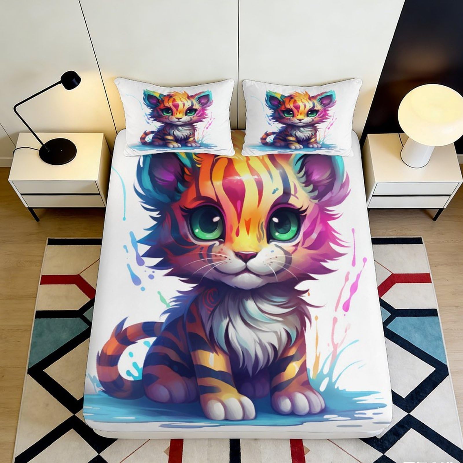 3D Printed Colorful Tiger Fitted Sheet Microfiber Soft Mattress Cover for Bedroom Dorm Youth Bed Decor 120x200x25cm