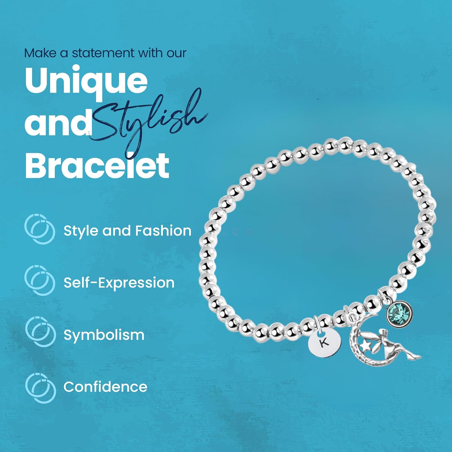 Fairy Gift, Personalized Fairy Beaded Bracelet with Initial Letter and Birthstone Charm, Fairy Adjustable Jewelry, Custom Fairy Lover Accessories - Image 2